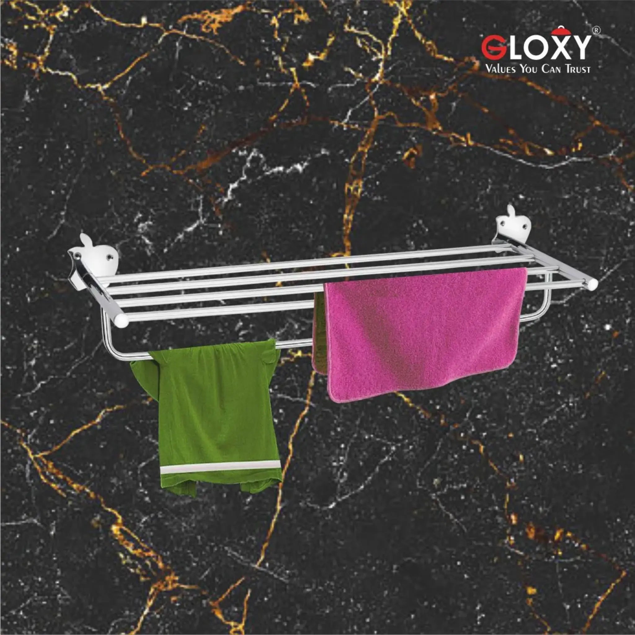 Gloxy Apple Shape Stainless Steel Chrome Finsih Towel Rack with Towel Hanger And Adjustable Hook-24 Inch