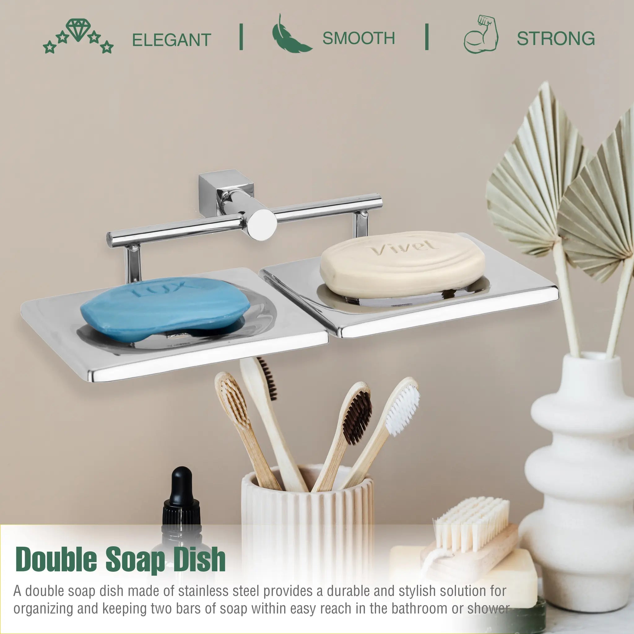 Gloxy Squar Shape Stainless Steel 304 Grade Chrome Finish Double Soap Holder