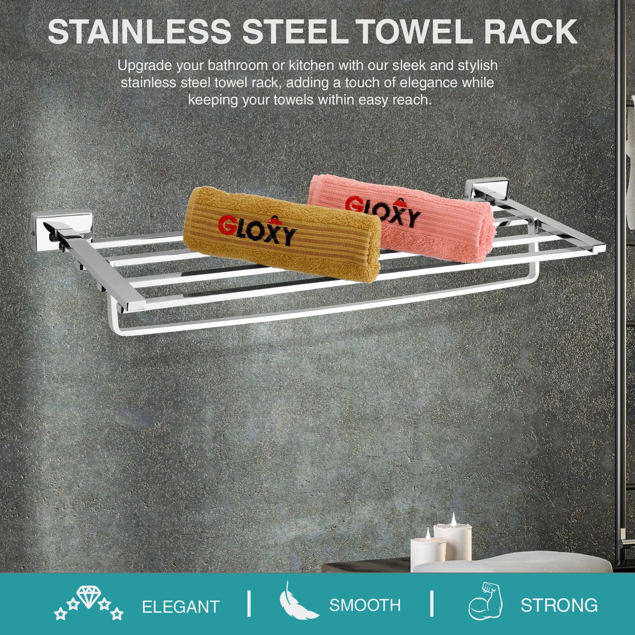 Gloxy Icon Shape Stainless Steel Chrome Finsih Towel Rack with Towel Hanger-24 Inch