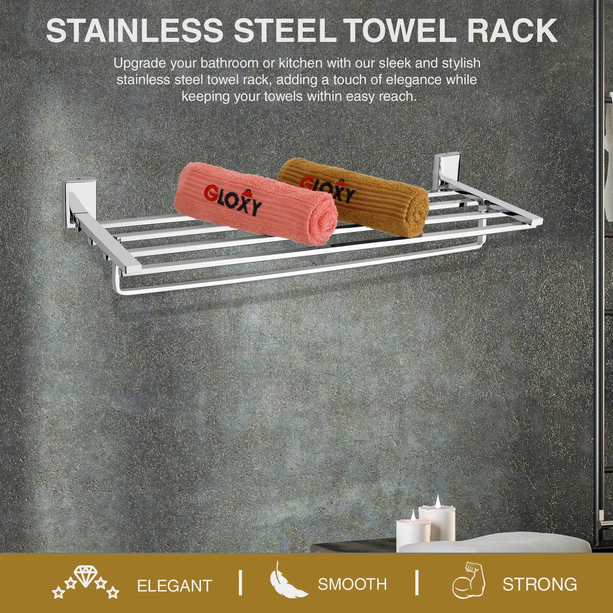 Gloxy Round Shape Stainless Steel Chrome Finsih Towel Rack with Towel Hanger-24 Inch