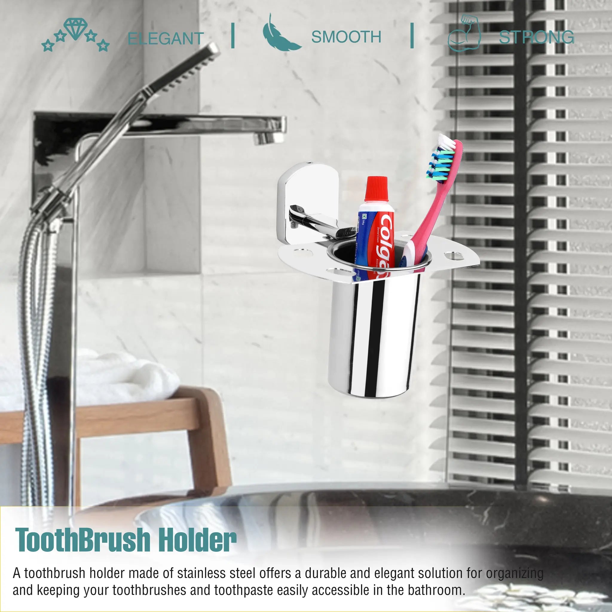 Breza Shape Stainless Steel SS202 Toothbrush Holder (Silver)-by GLOXY®