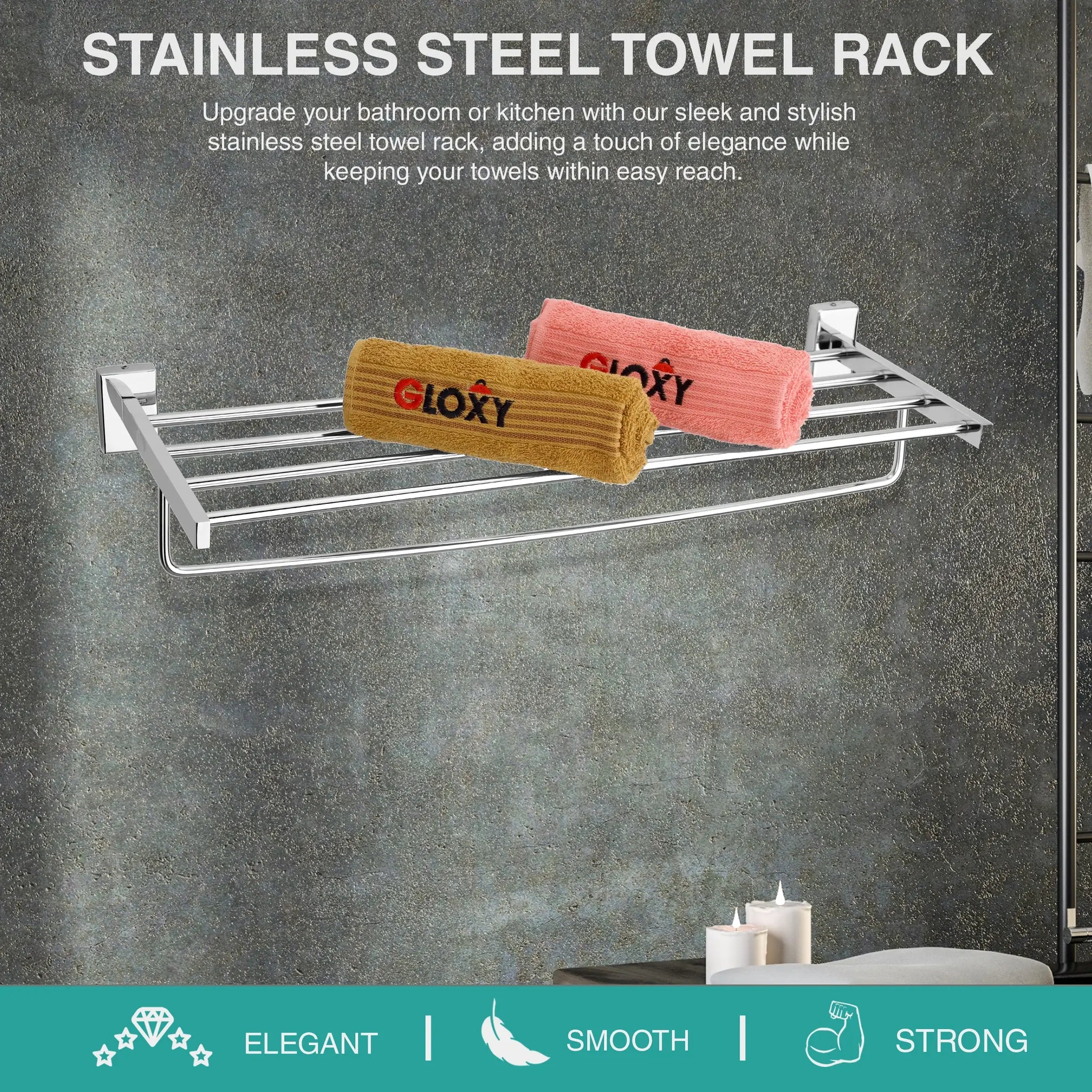 Gloxy Jeta Shape Stainless Steel Chrome Finsih Towel Rack with Towel Hanger-24 Inch