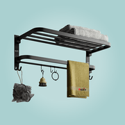 Gloxy Round Shape Stainless Steel Black Finsih Folding 2-Bar Towel Rack with Adjustable Hook-24 Inch