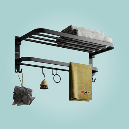 Gloxy Round Shape Stainless Steel Black Finsih Folding 2-Bar Towel Rack with Adjustable Hook-24 Inch