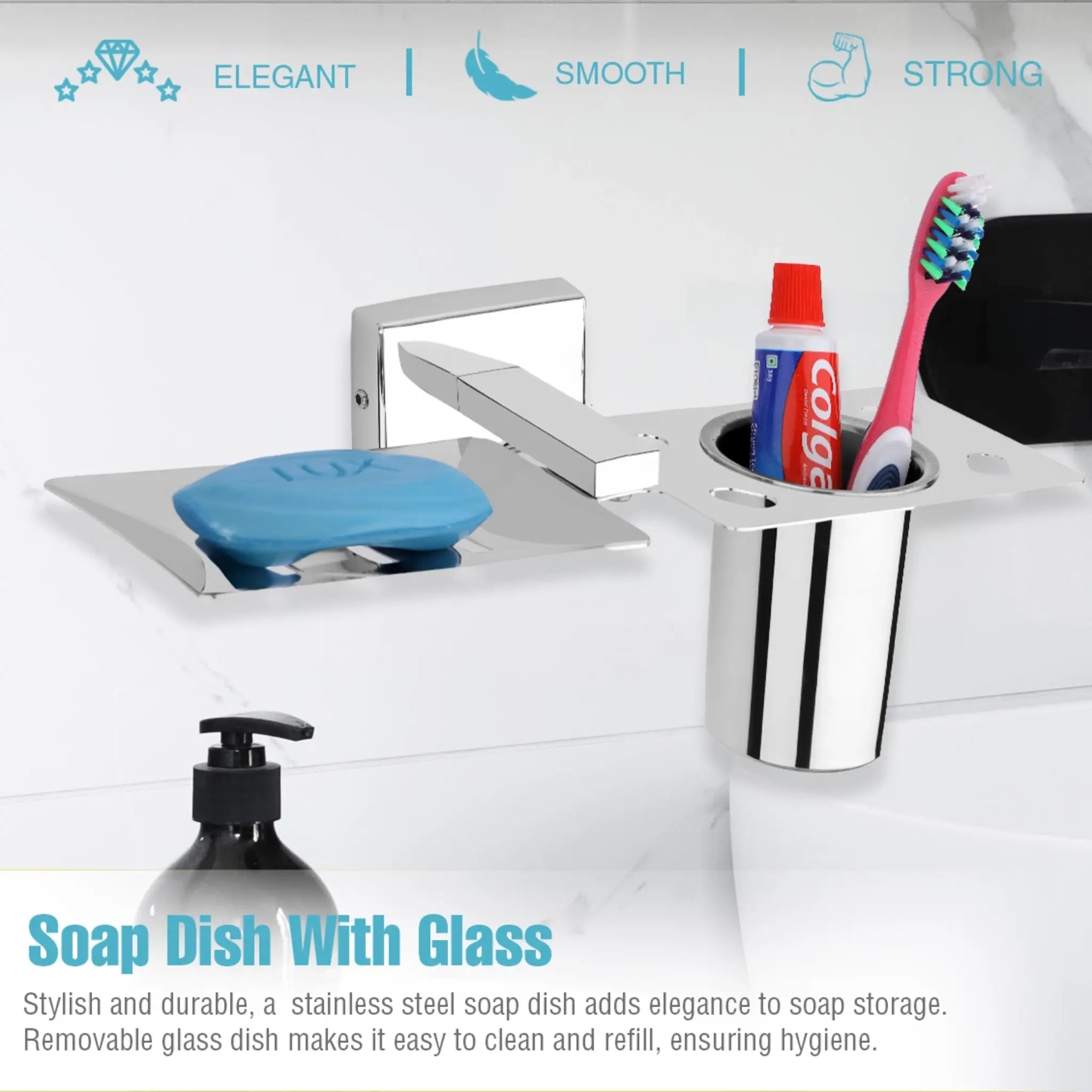 Rectangular Shape Stainless Steel SS304 Soap Holder with Glass (Silver)-by GLOXY®