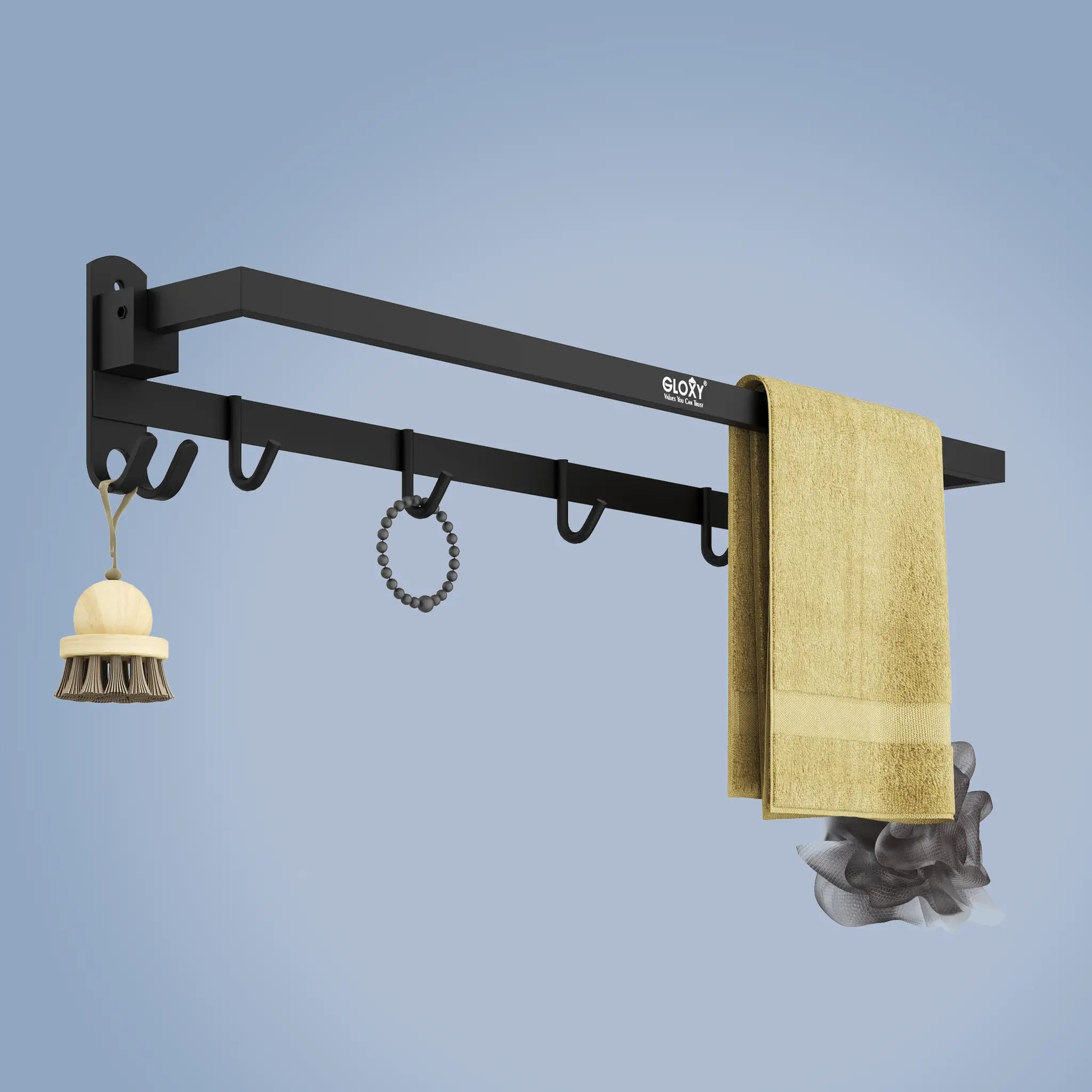 Gloxy Rectangular Shape Stainless Steel Chrome Finish Folding Towel Rod with Adjustable Hooks – 24 Inch