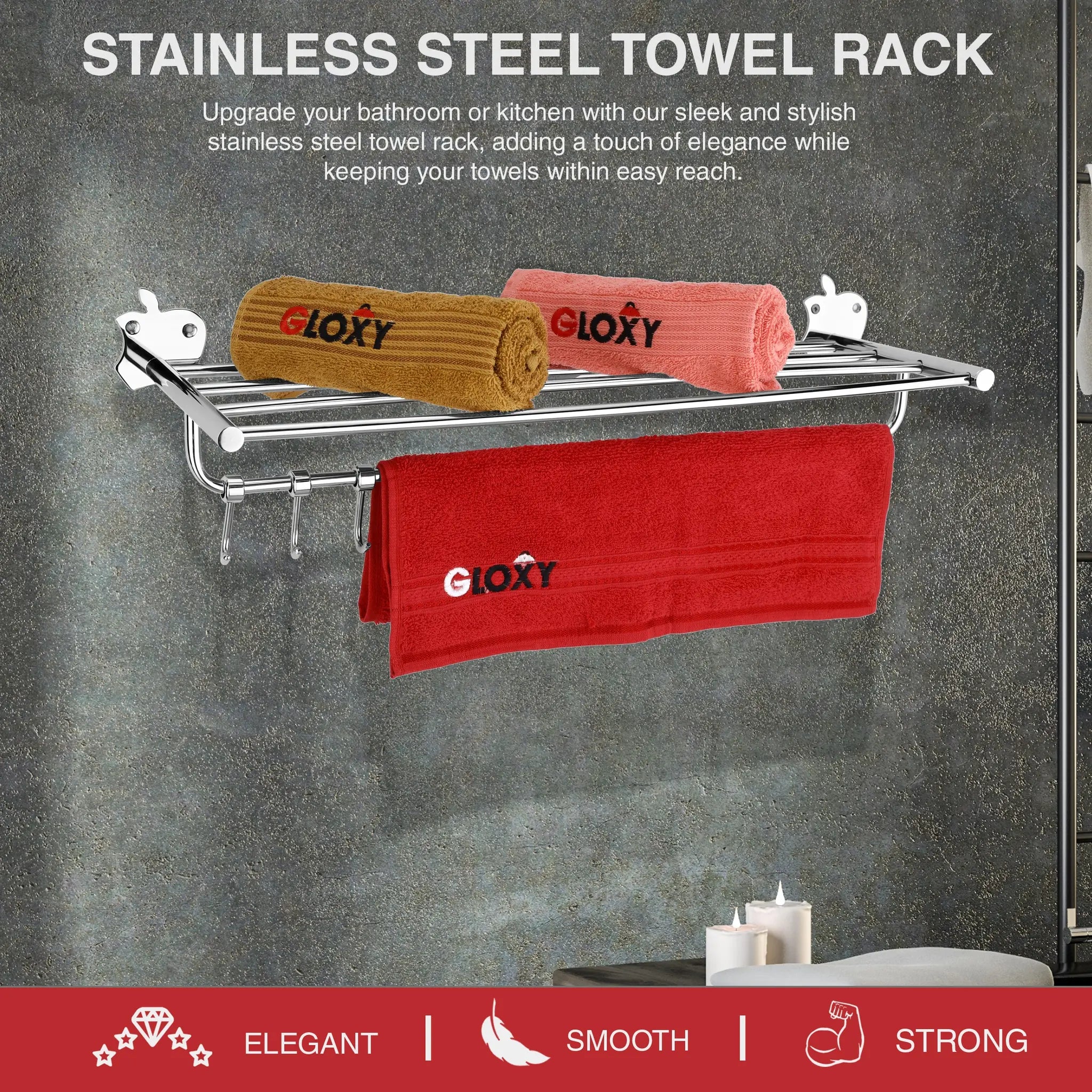 Gloxy Apple Shape Stainless Steel Chrome Finsih Towel Rack with Towel Hanger And Adjustable Hook-24 Inch