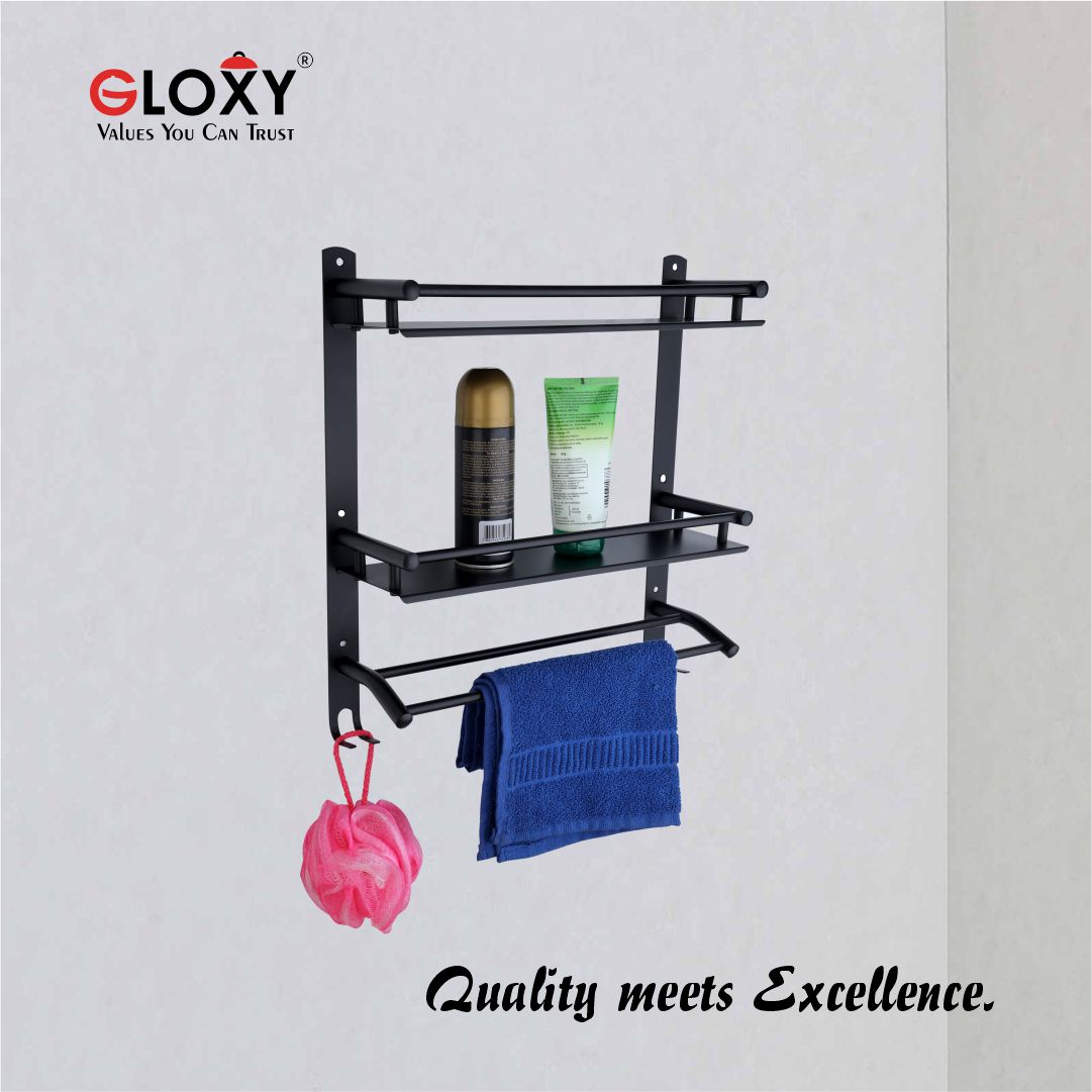 Stainless Steel 2 Layer Matt Black Finish Bathroom Shelf