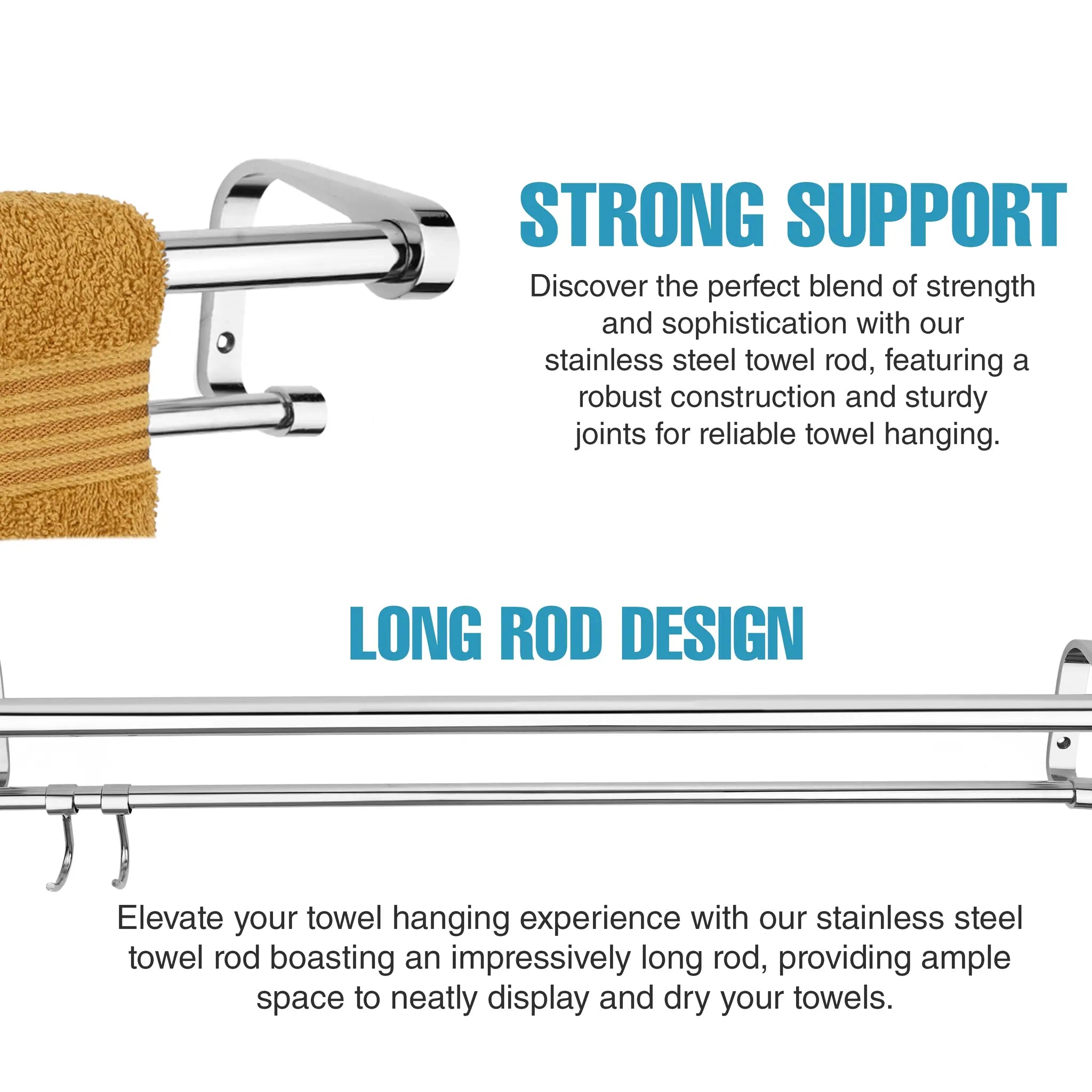 Stainless steel towel rod with gold towel on a white background.