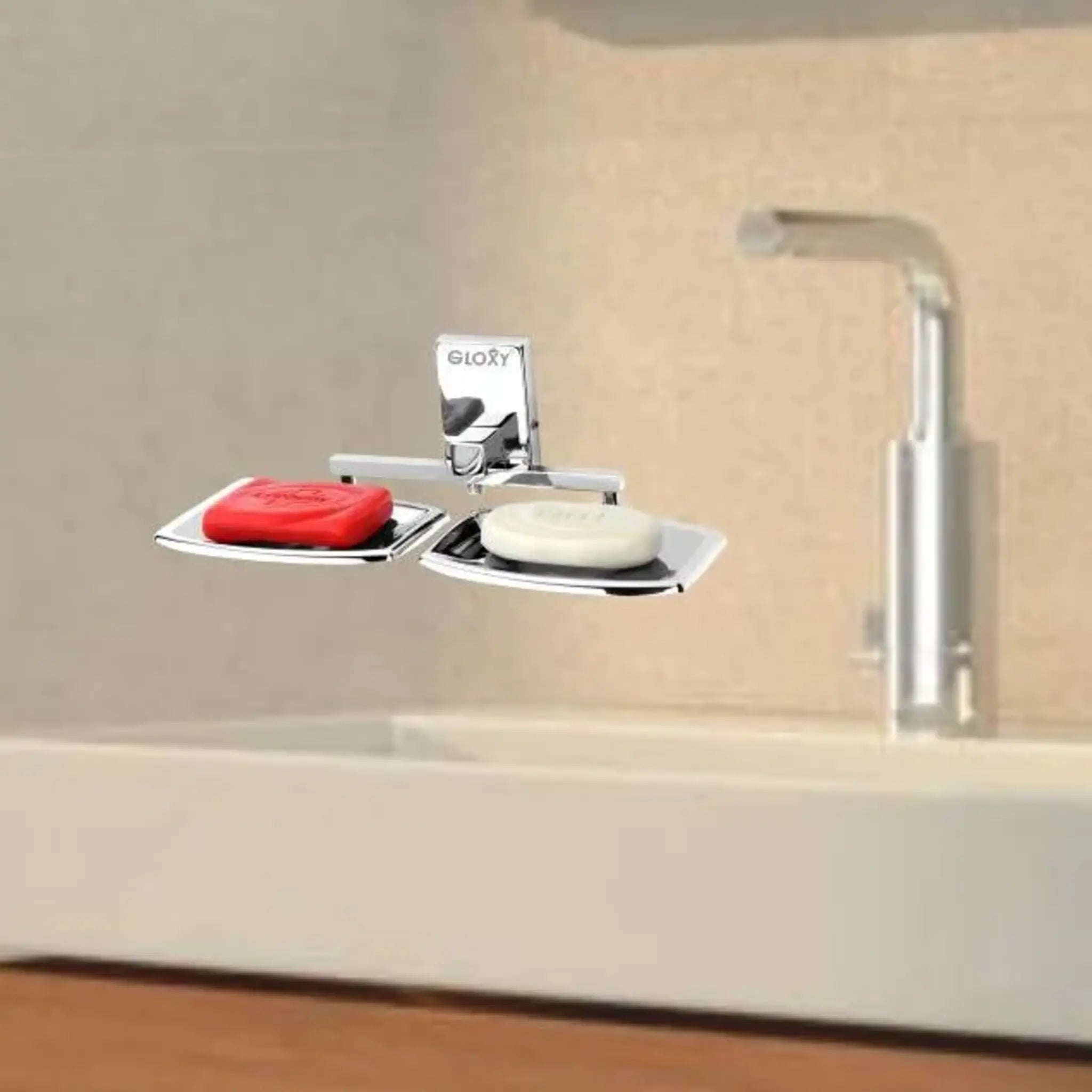 Gloxy Square Shape Stainless Steel 202 Grade Chrome Finish Double Soap Holder