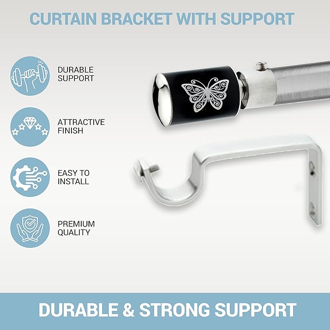 Butterfly Print Aluminium Curtain Bracket with Support (Black)