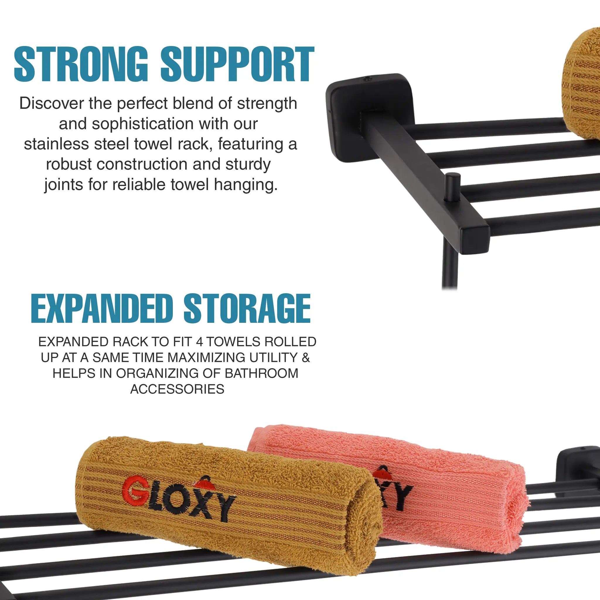 Gloxy Rectangular Shape Stainless Steel Black Finsih Towel Rack with Towel Hanger-24 Inch