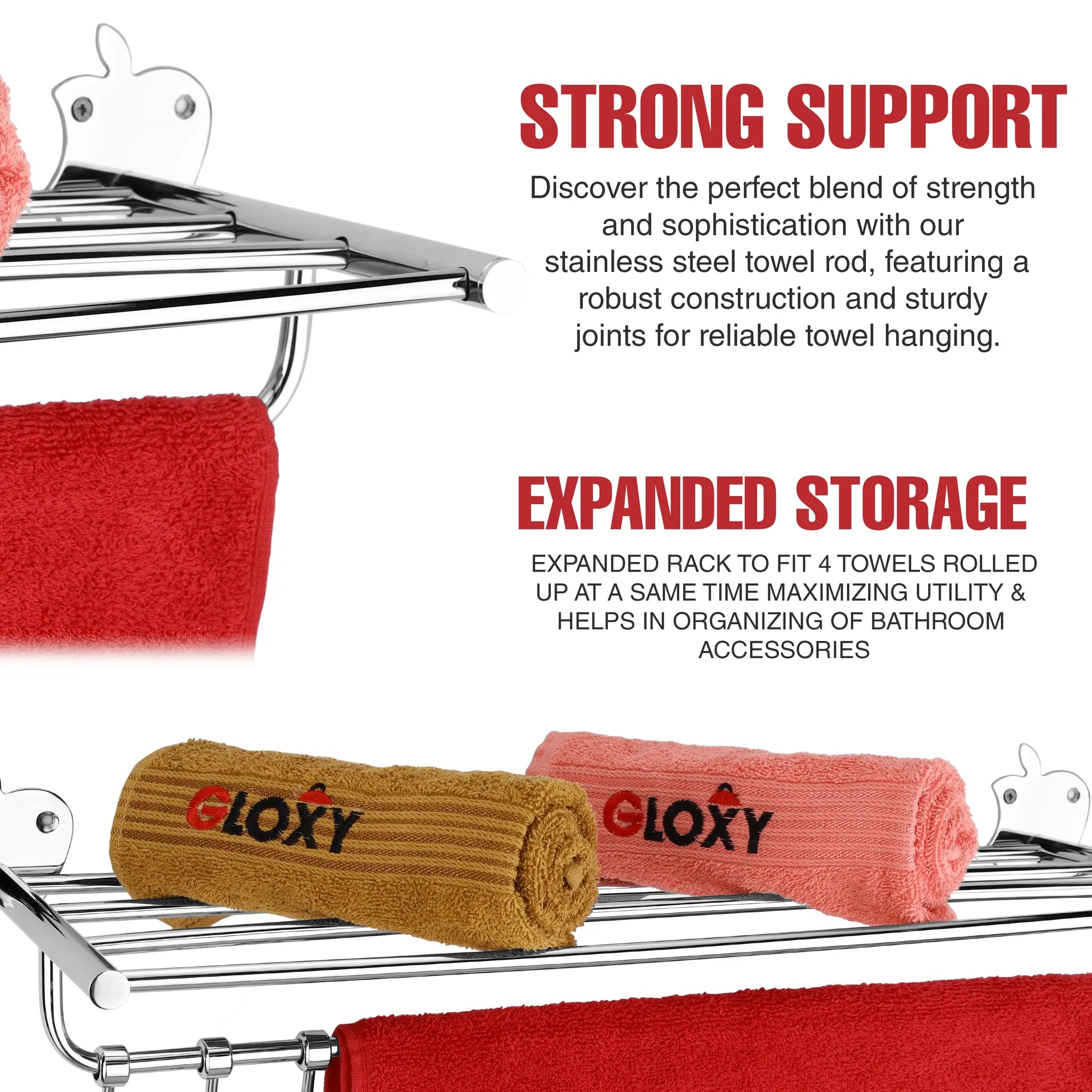 Gloxy Apple Shape Stainless Steel Chrome Finsih Towel Rack with Towel Hanger And Adjustable Hook-24 Inch