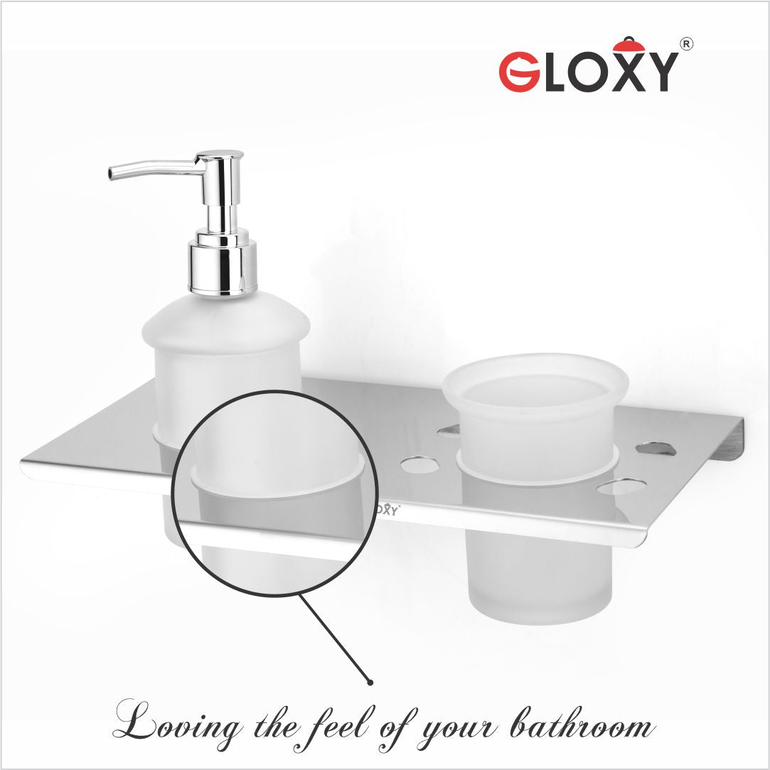 Stainless Steel Smokey Glass Toothbrush Holder with Liquid Soap Dispenser