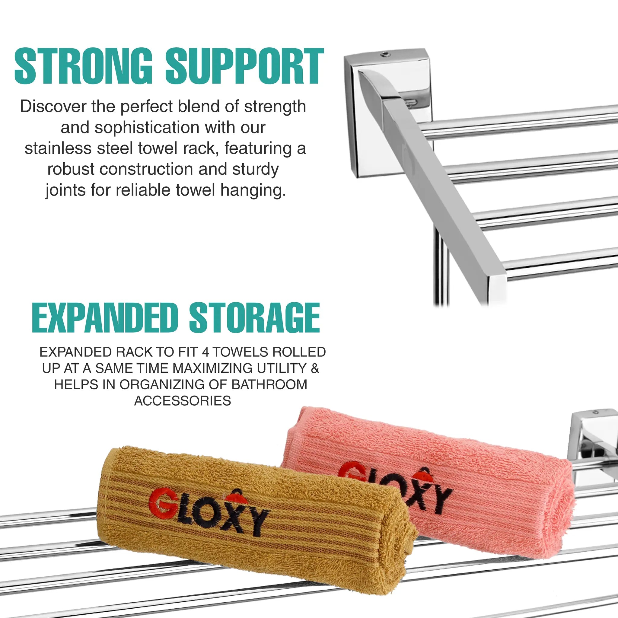 Gloxy Jeta Shape Stainless Steel Chrome Finsih Towel Rack with Towel Hanger-24 Inch