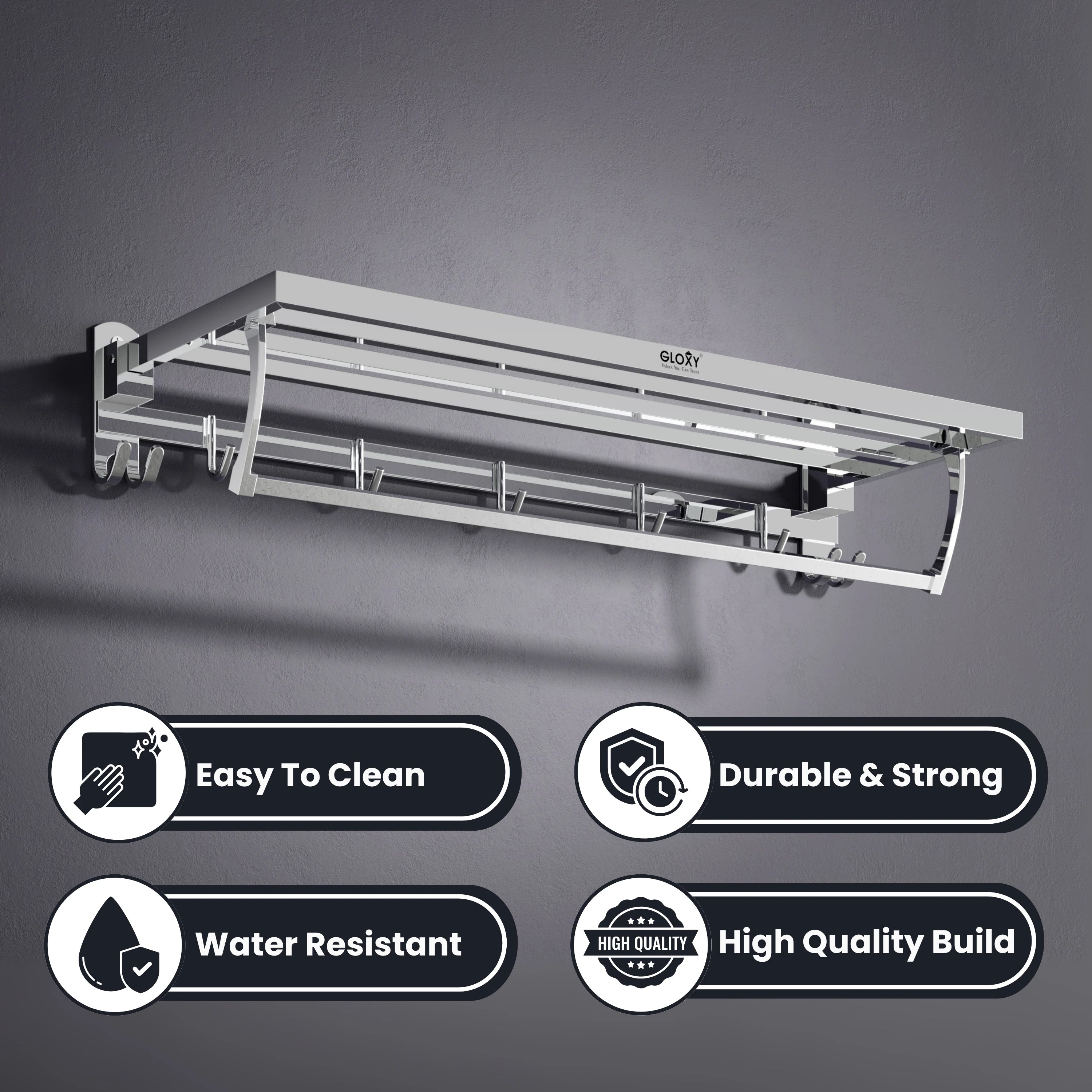 Gloxy Stainless Steel Chrome Finsih Folding Bar Towel Rack with Hook-24 Inch