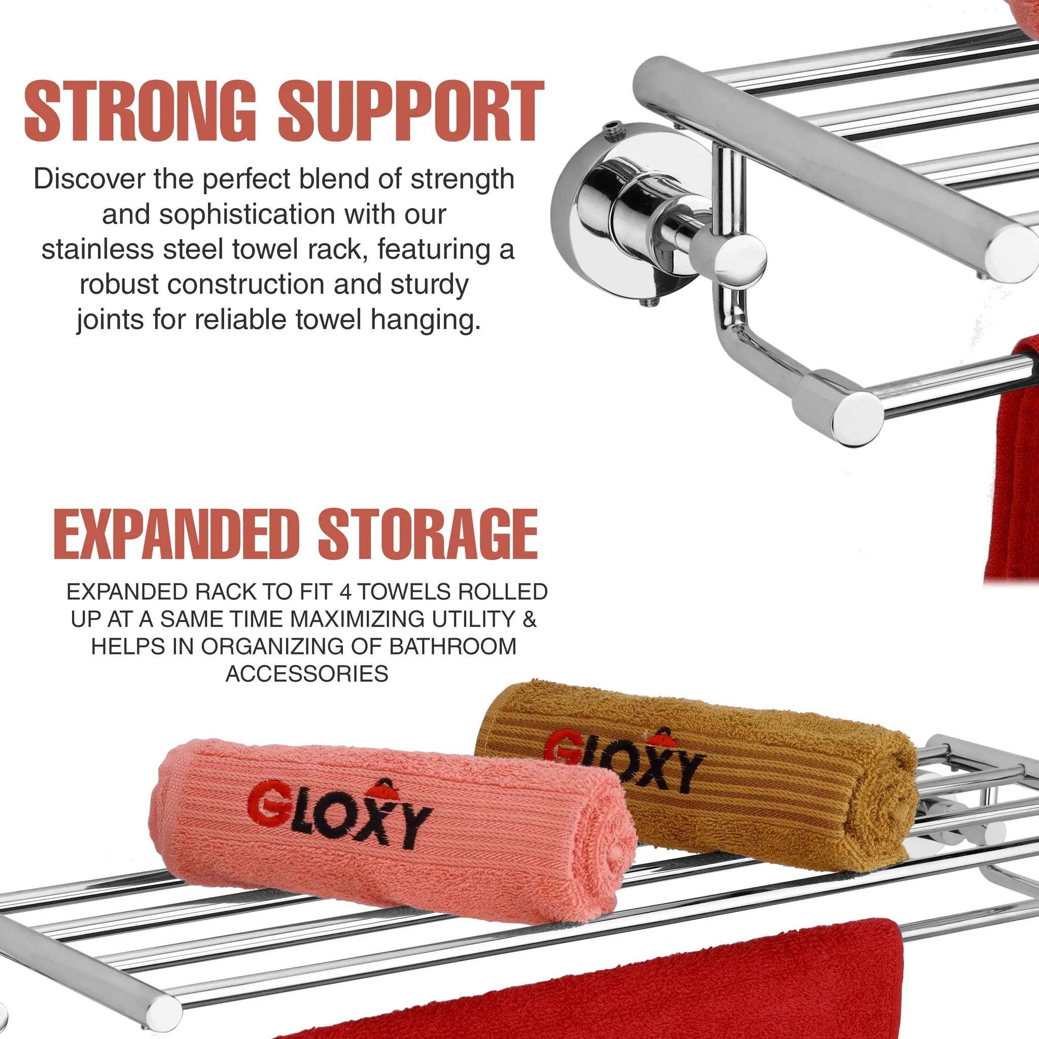 Gloxy Round Shape Stainless Steel Chrome Finsih Towel Rack with Towel Hanger-24 Inch