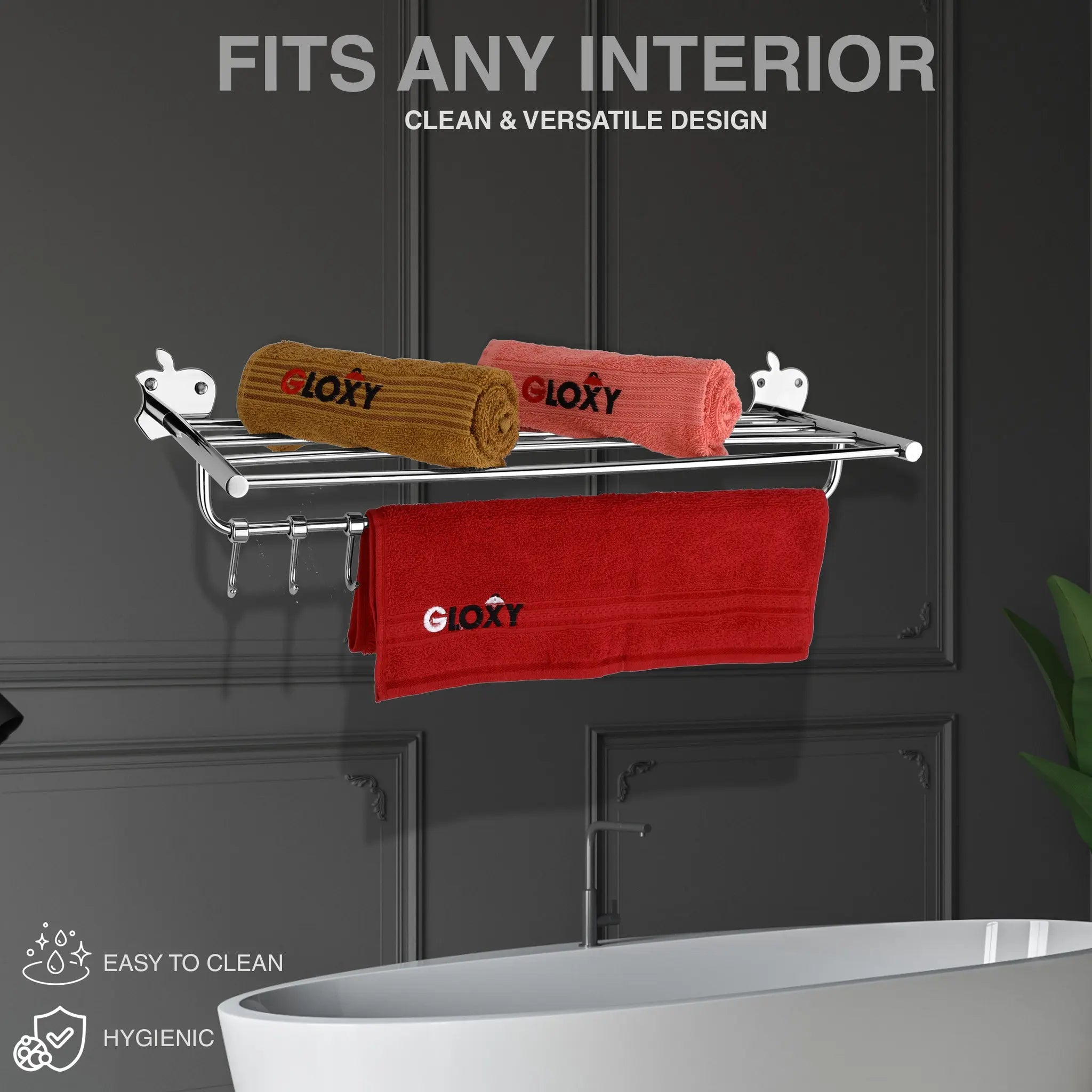 Gloxy Apple Shape Stainless Steel Chrome Finsih Towel Rack with Towel Hanger And Adjustable Hook-24 Inch