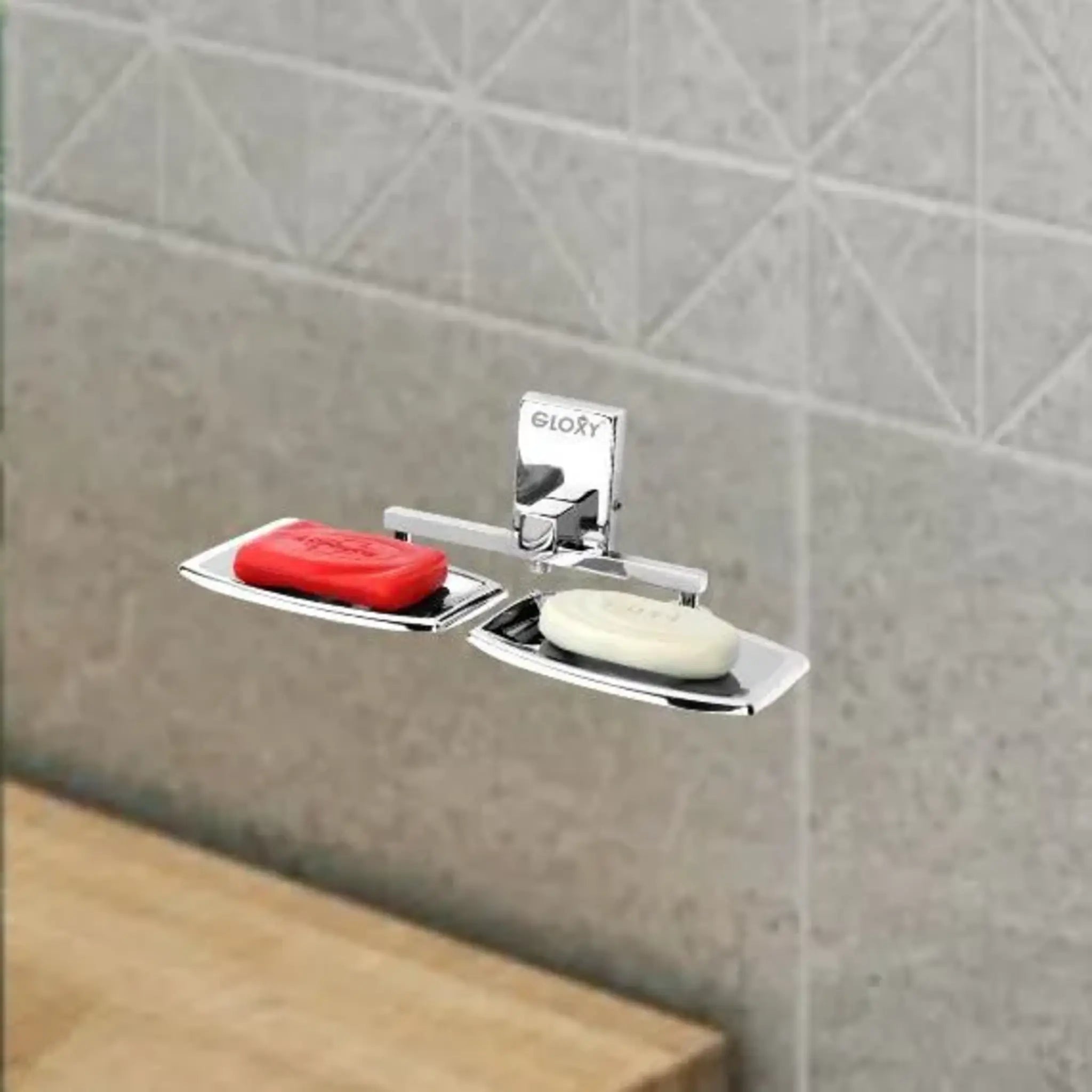 Gloxy Square Shape Stainless Steel 202 Grade Chrome Finish Double Soap Holder