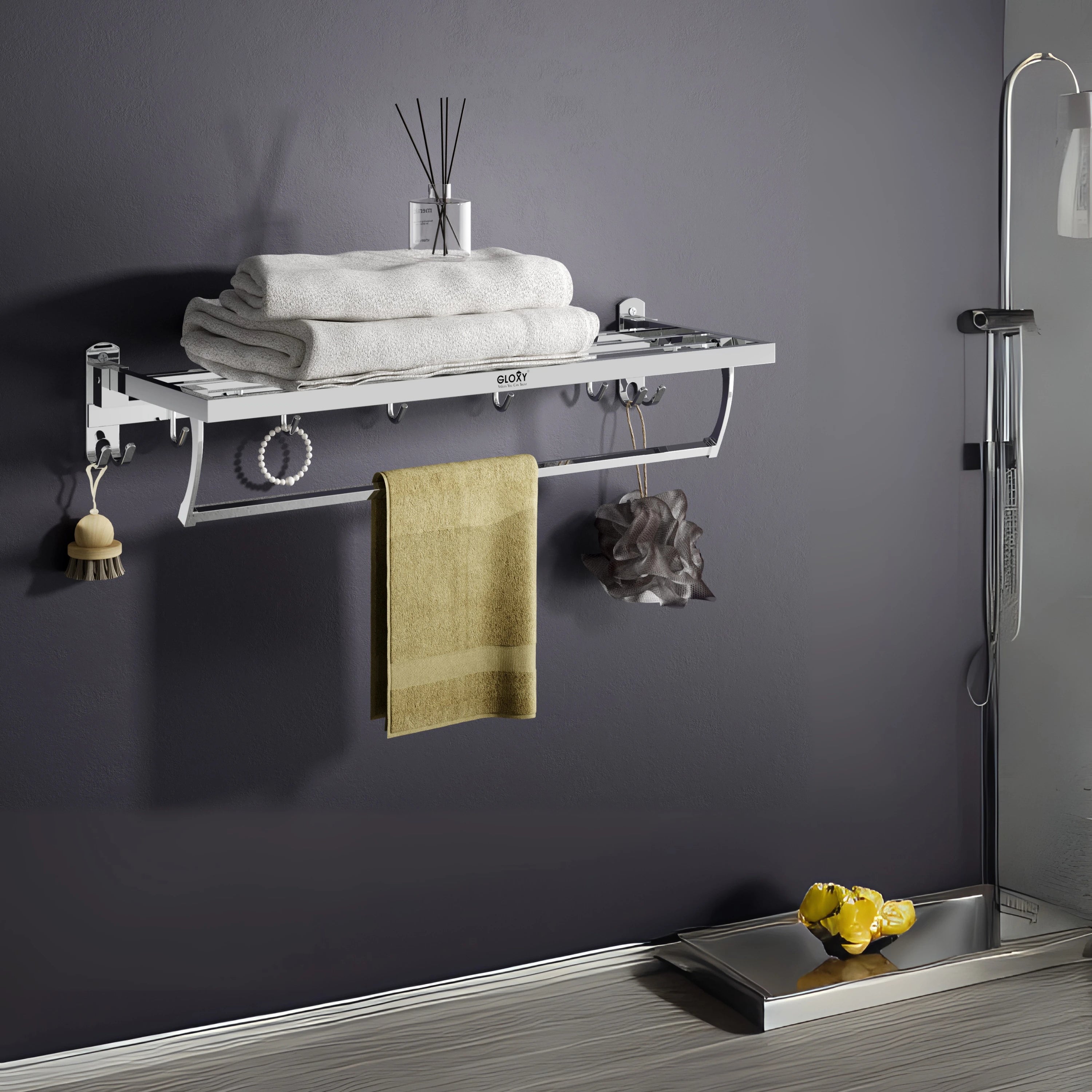 Gloxy Stainless Steel Chrome Finsih Folding Bar Towel Rack with Hook-24 Inch