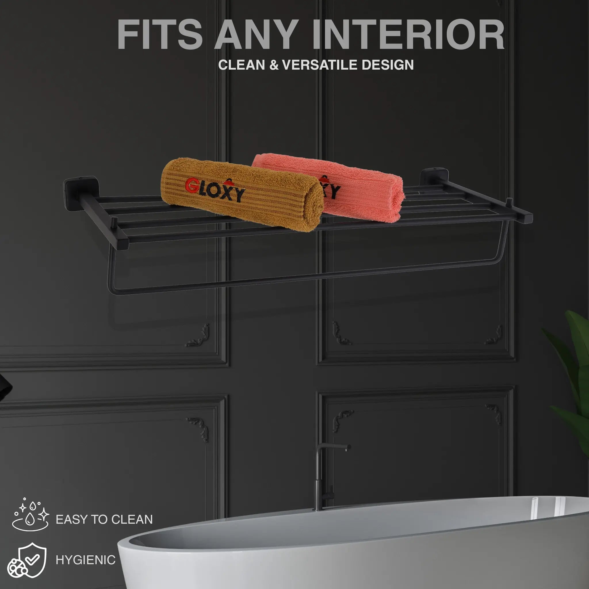 Gloxy Rectangular Shape Stainless Steel Black Finsih Towel Rack with Towel Hanger-24 Inch