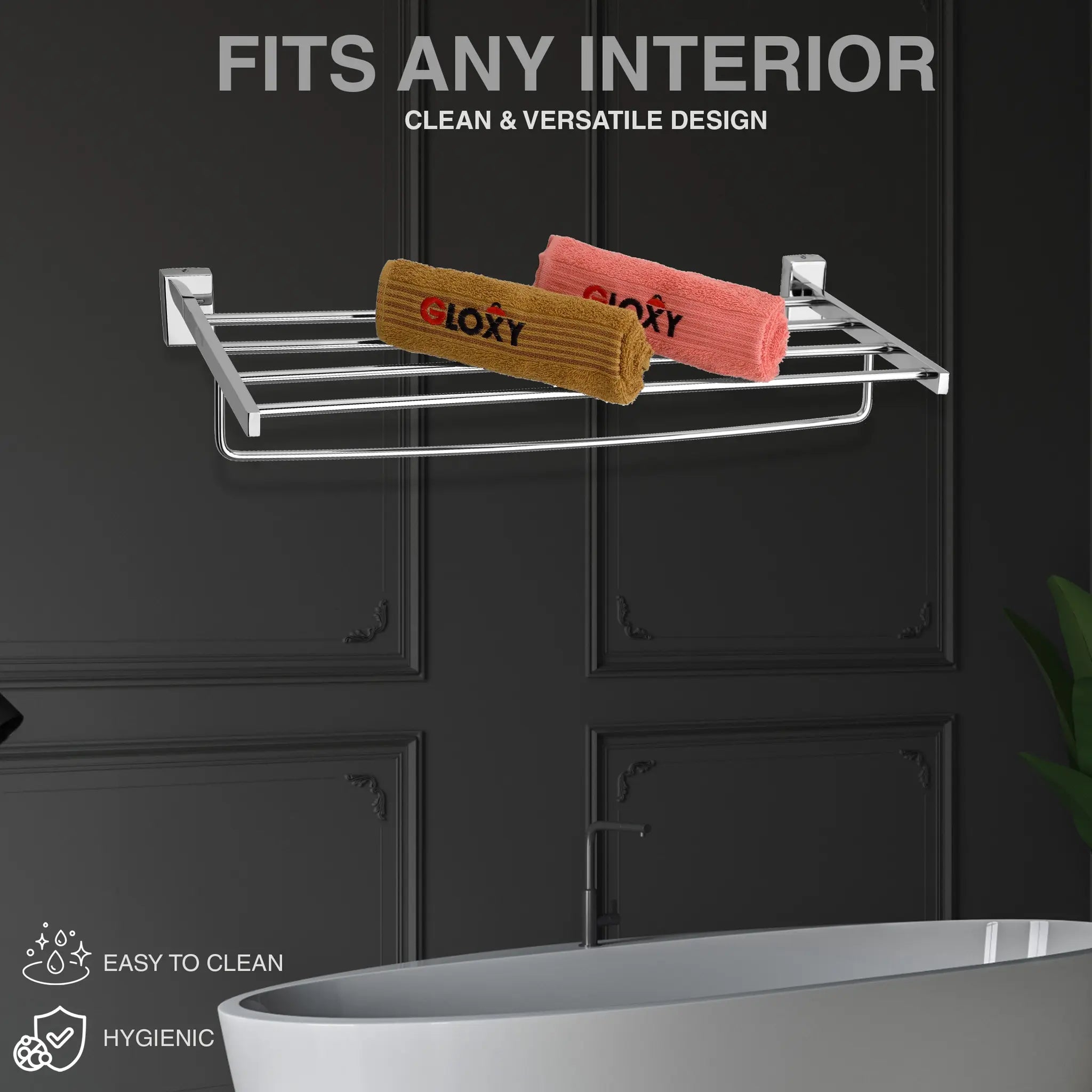 Gloxy Jeta Shape Stainless Steel Chrome Finsih Towel Rack with Towel Hanger-24 Inch