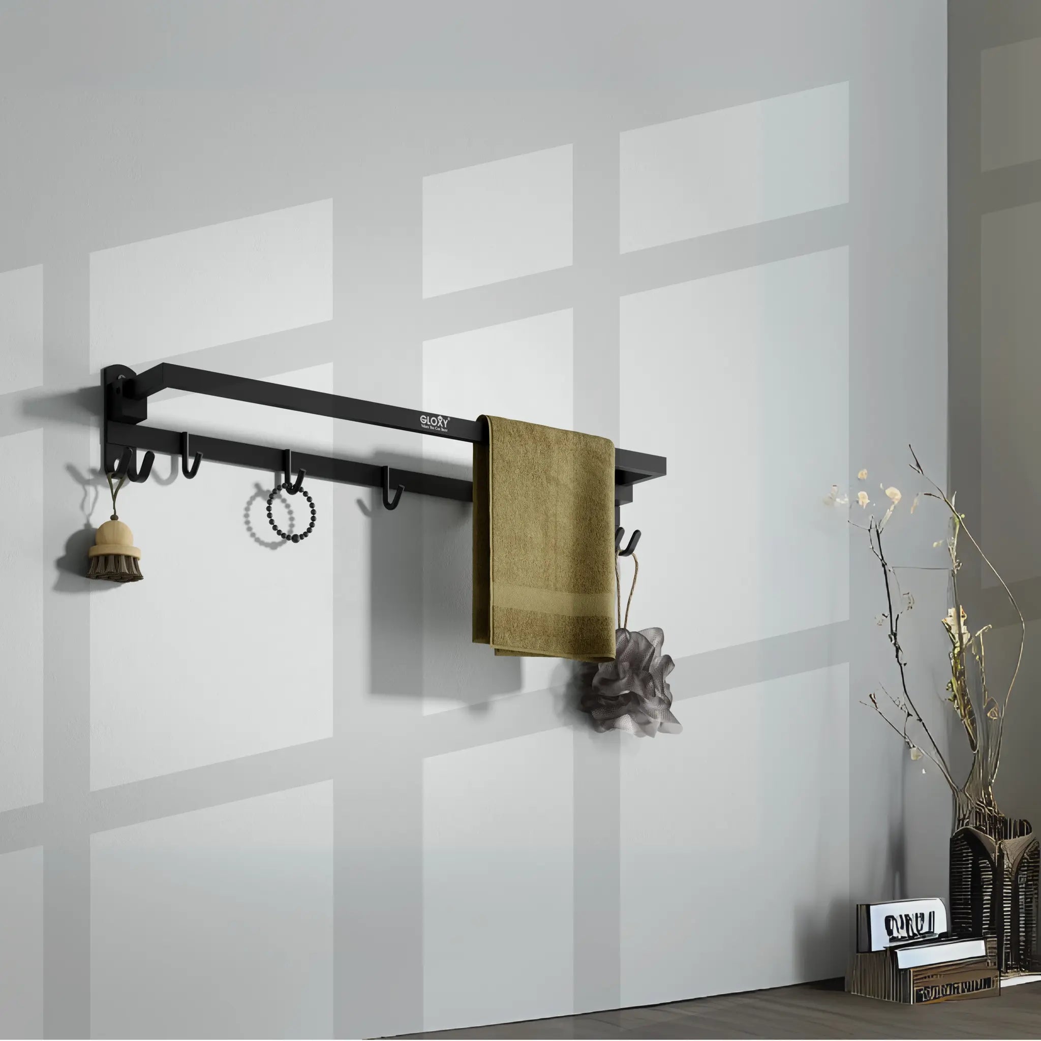 Gloxy Rectangular Shape Stainless Steel Chrome Finish Folding Towel Rod with Adjustable Hooks – 24 Inch