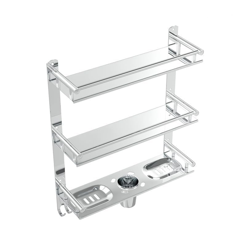 Gloxy Stainless Steel 3-Layer Chrome Finish Bathroom Shelf with Double Soap Dish,Toothbrush Holder & Hooks