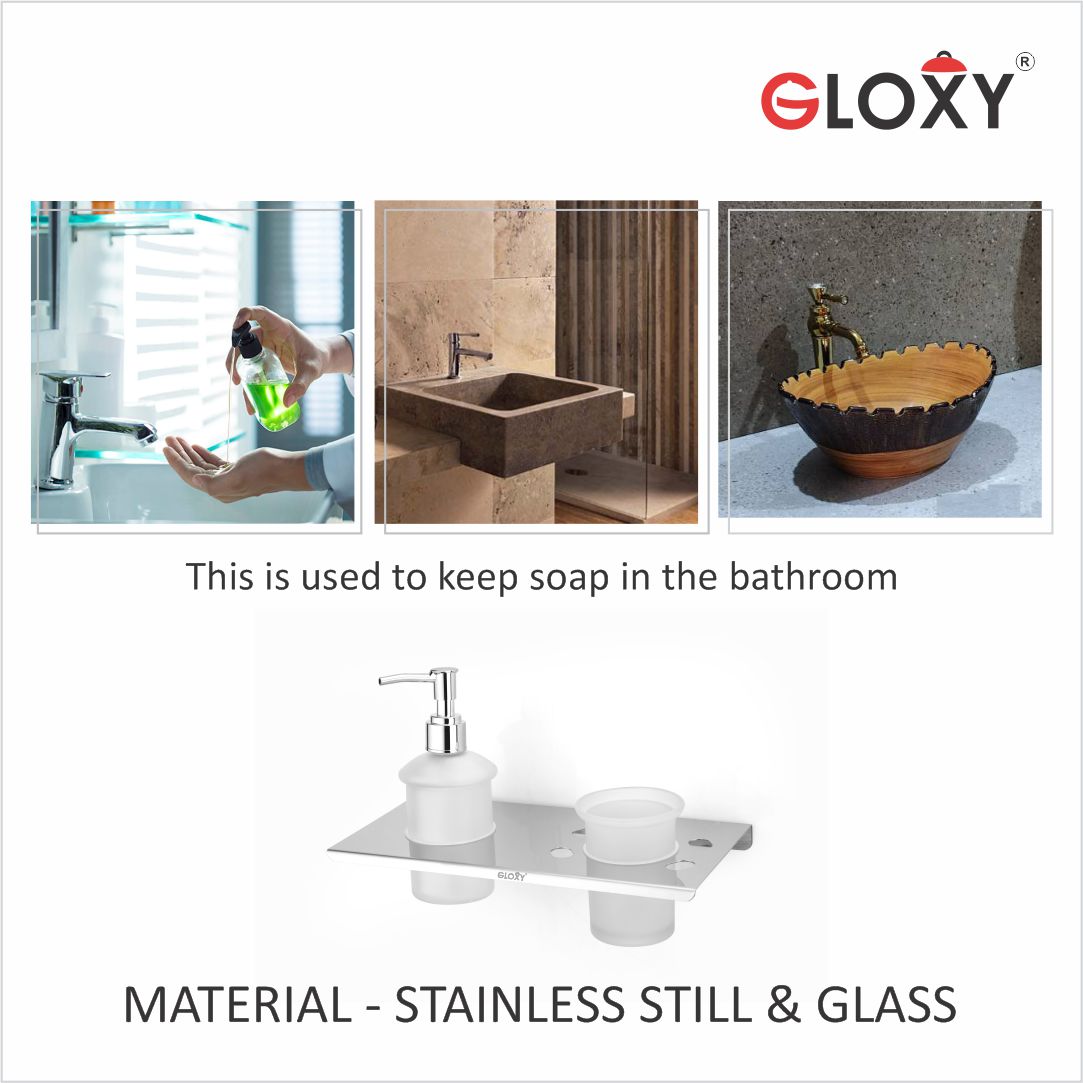 Stainless Steel Smokey Glass Toothbrush Holder with Liquid Soap Dispenser