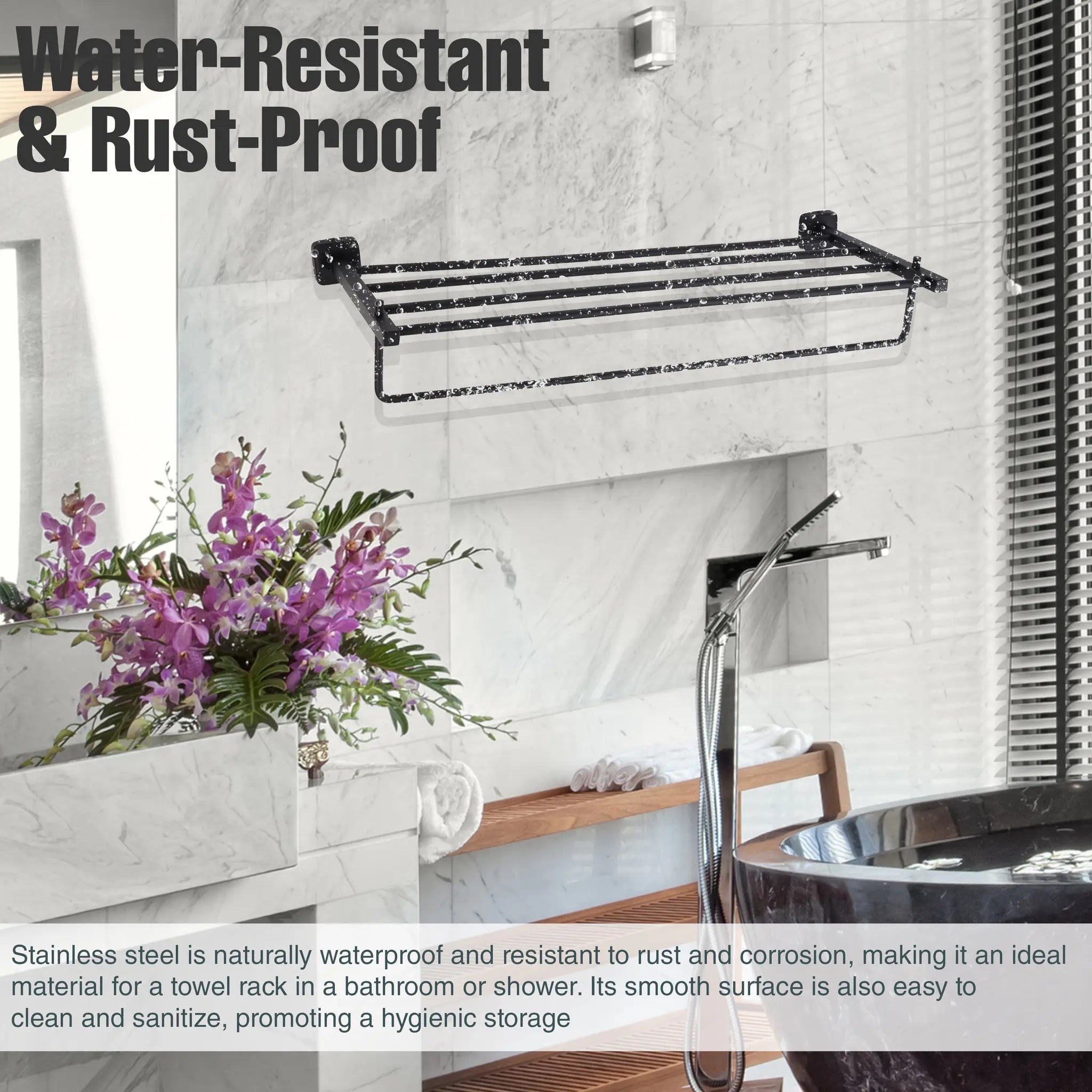 Gloxy Rectangular Shape Stainless Steel Black Finsih Towel Rack with Towel Hanger-24 Inch