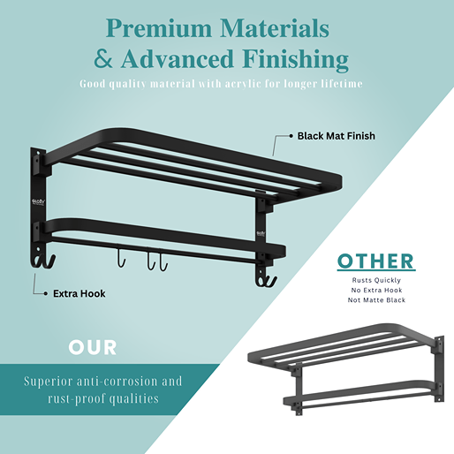 Gloxy Round Shape Stainless Steel Black Finsih Folding 2-Bar Towel Rack with Adjustable Hook-24 Inch