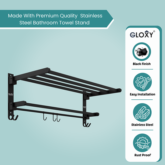 Gloxy Rectangular Shape Stainless Steel Black Finsih Folding 2-Bar Towel Rack with Adjustable Hook-24 Inch