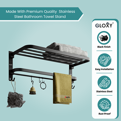 Gloxy Round Shape Stainless Steel Black Finsih Folding 2-Bar Towel Rack with Adjustable Hook-24 Inch