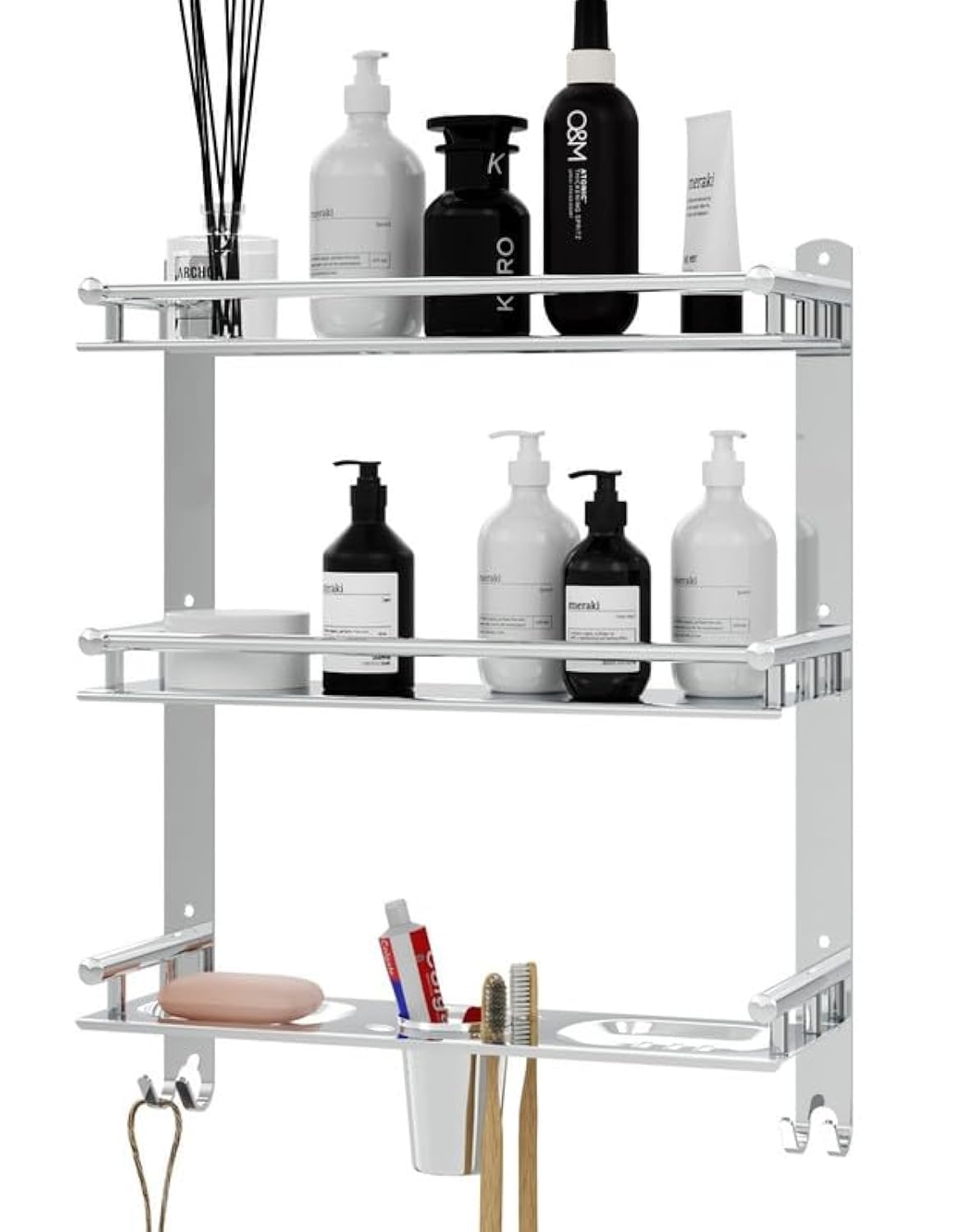 Gloxy Stainless Steel 3-Layer Chrome Finish Bathroom Shelf with Double Soap Dish,Toothbrush Holder & Hooks