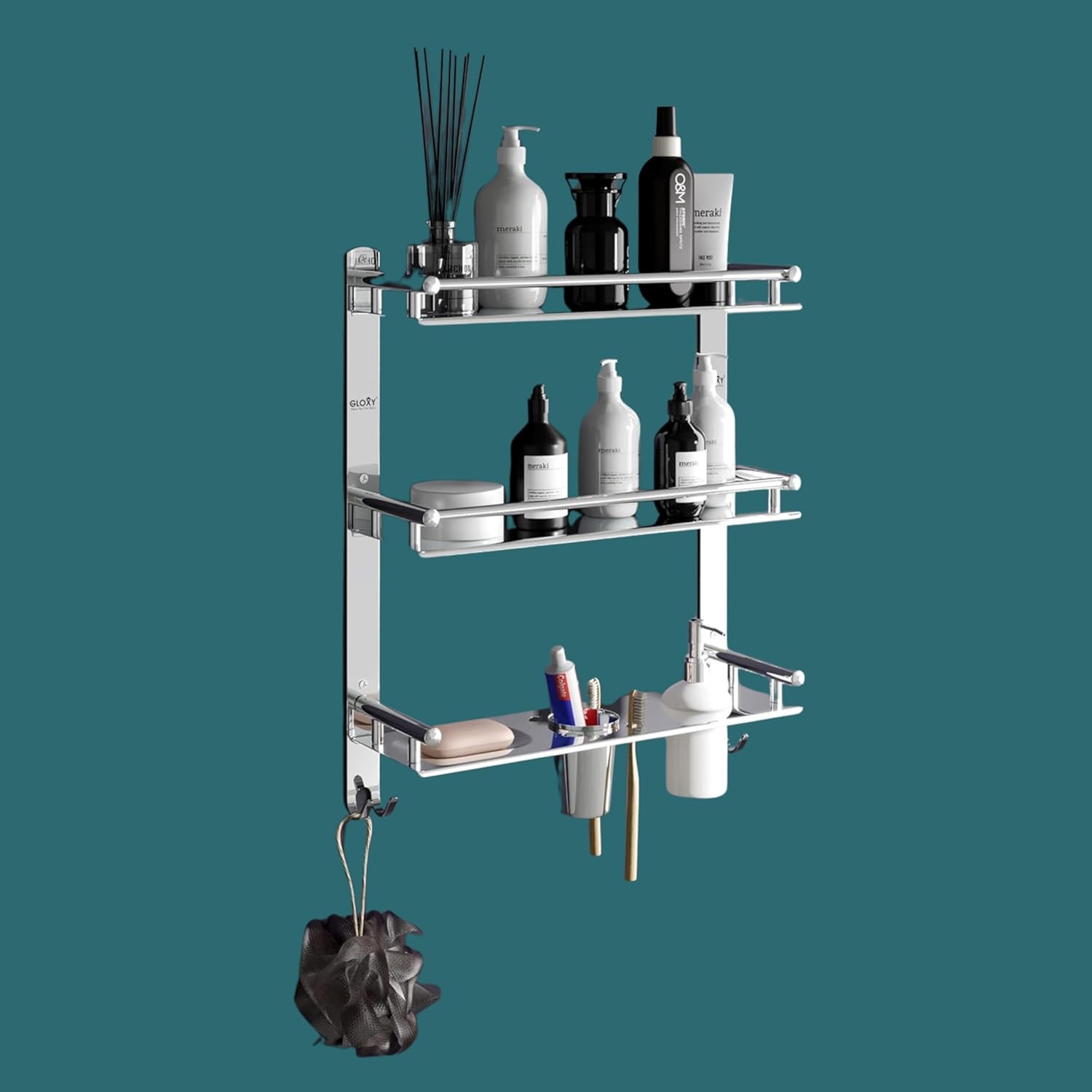 Gloxy Stainless Steel 3-Layer Black Finish Bathroom Shelf With Soap Dish,Liquid Dispenser,Tumbler Holder & Hooks