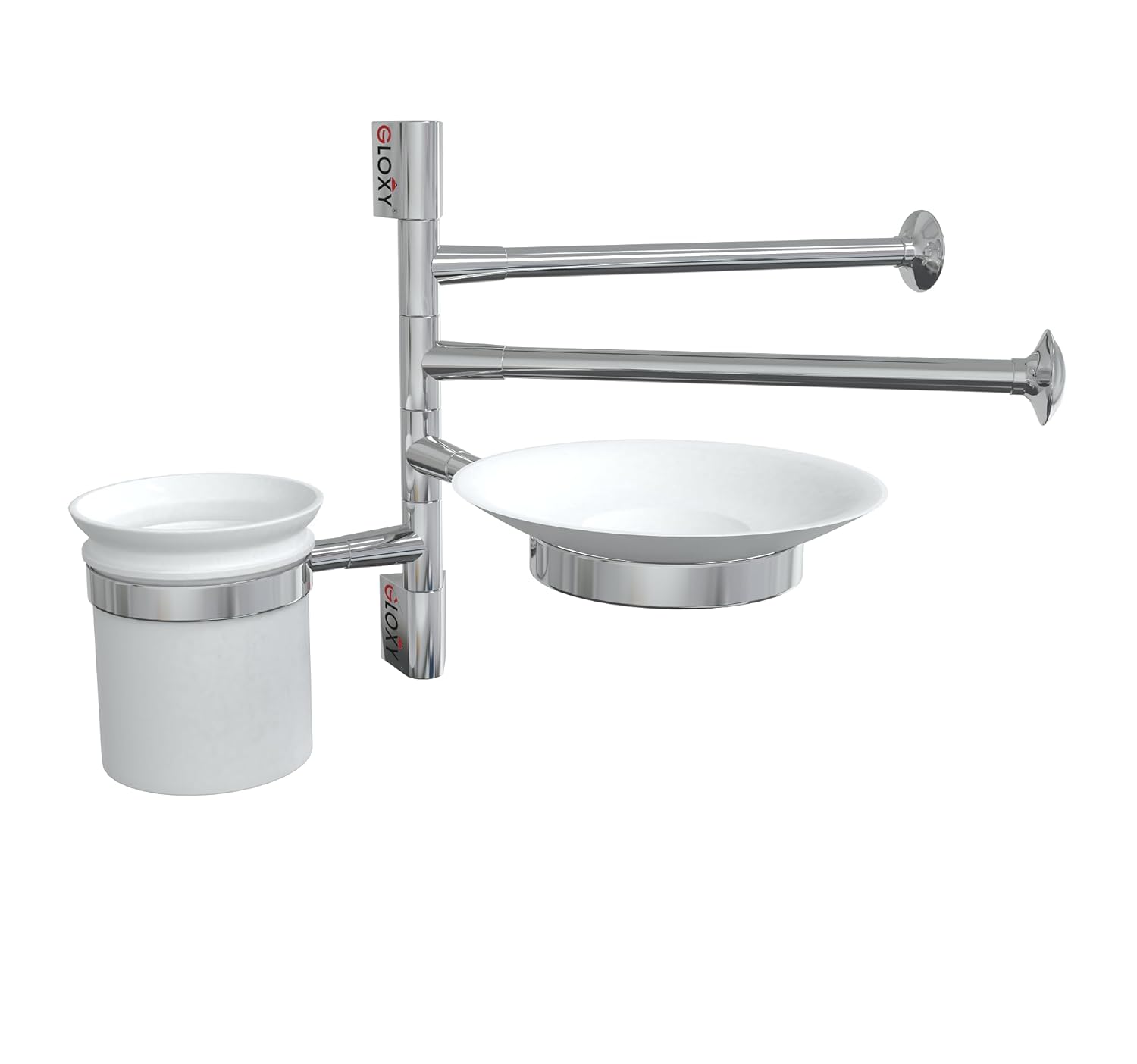 Gloxy Wall Mount Stainless Steel Chrome Finsih Adjustable Napkin Holder Arm With Tumbler Holder And Soap Dish