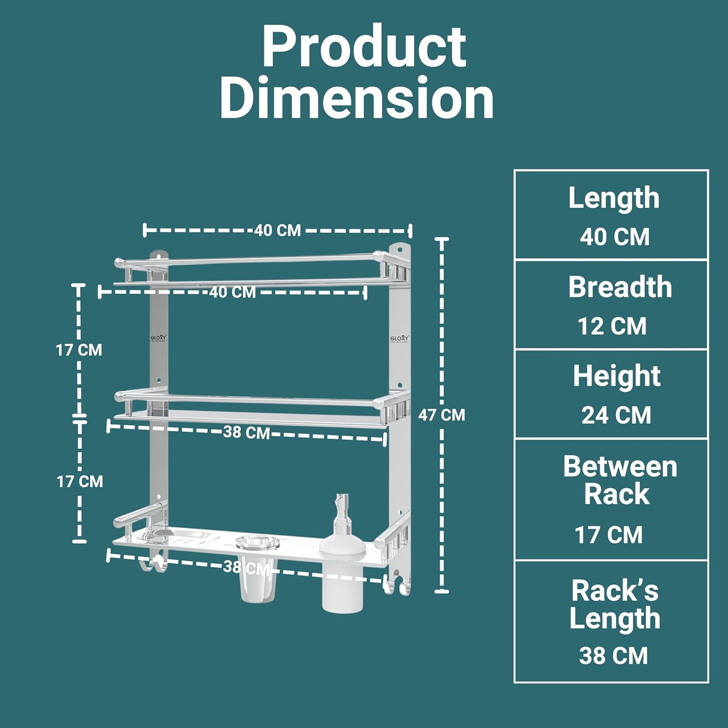 Gloxy Stainless Steel 3-Layer Black Finish Bathroom Shelf With Soap Dish,Liquid Dispenser,Tumbler Holder & Hooks