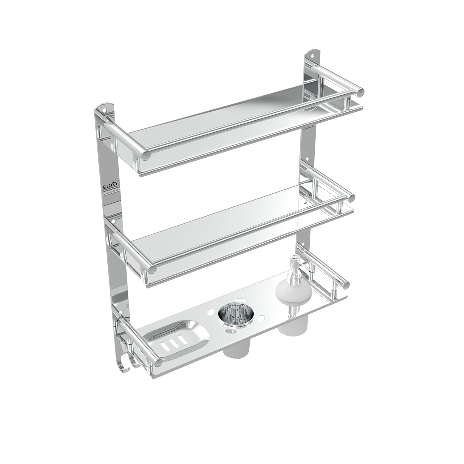 Gloxy Stainless Steel 3-Layer Black Finish Bathroom Shelf With Soap Dish,Liquid Dispenser,Tumbler Holder & Hooks