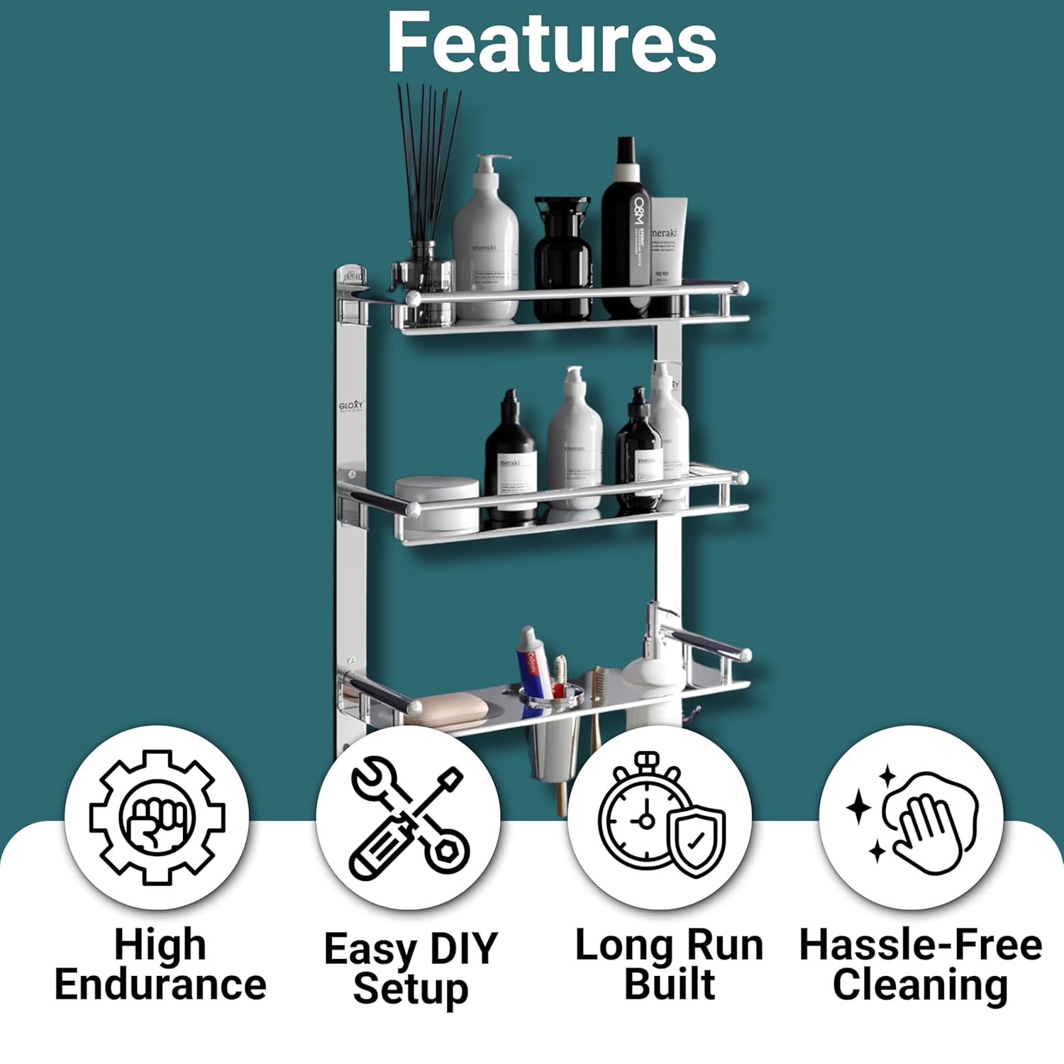 Gloxy Stainless Steel 3-Layer Black Finish Bathroom Shelf With Soap Dish,Liquid Dispenser,Tumbler Holder & Hooks