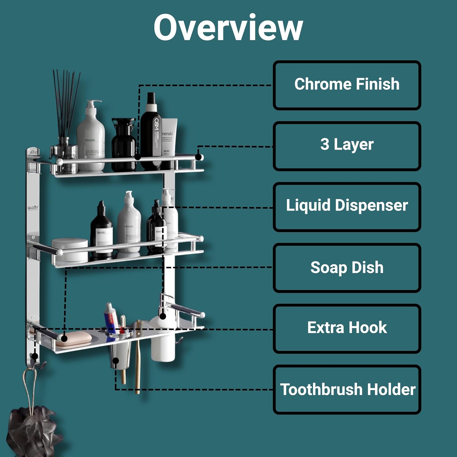 Gloxy Stainless Steel 3-Layer Black Finish Bathroom Shelf With Soap Dish,Liquid Dispenser,Tumbler Holder & Hooks