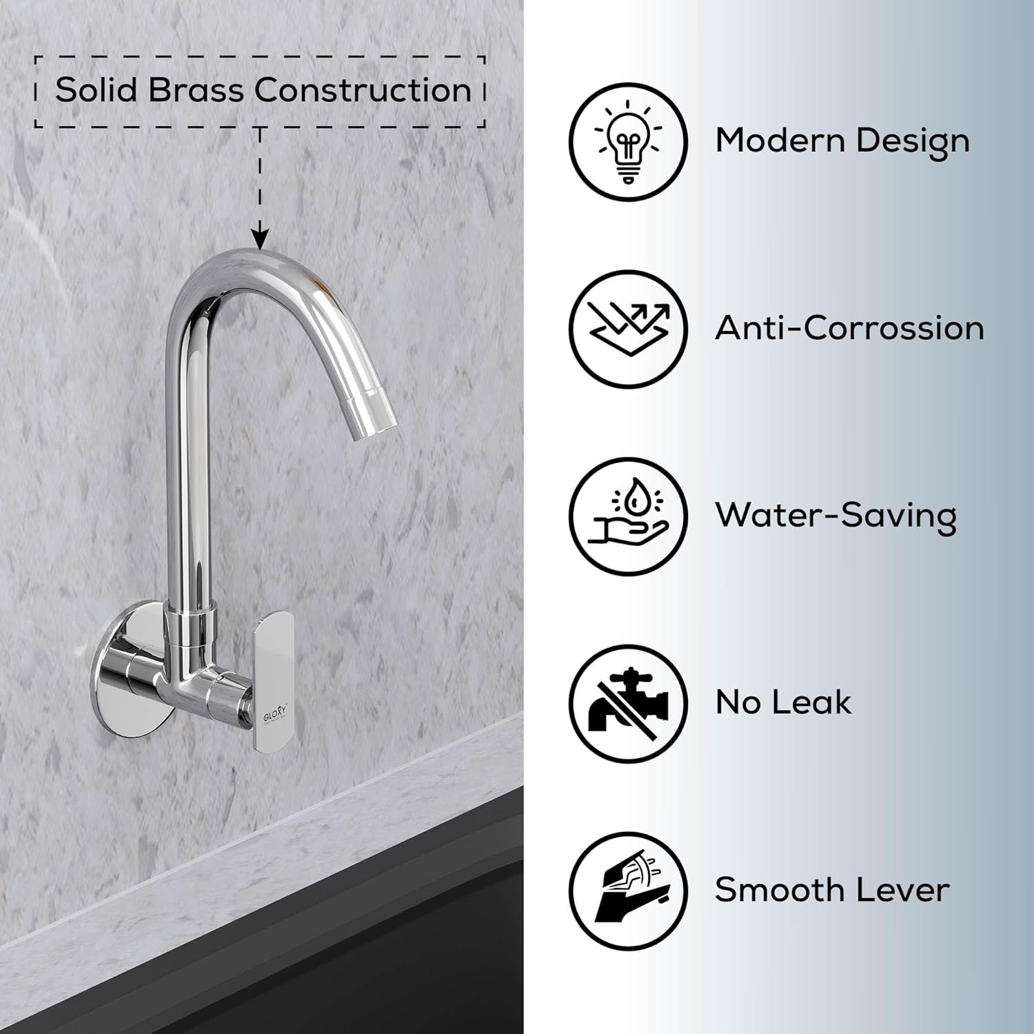 Gloxy Jet+ Series Single Lever 360° Swivel Spout Wall Mount Brass Swan Neck Faucet