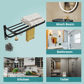 Gloxy Round Shape Stainless Steel Black Finsih Folding 2-Bar Towel Rack with Adjustable Hook-24 Inch