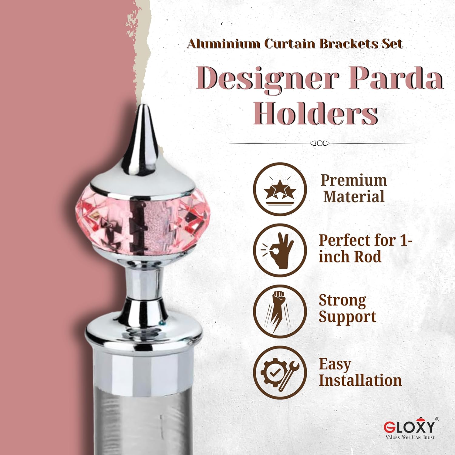 Single Diamond Aluminium Curtain Bracket with Support(Silver Mix Pink)-by GLOXY®
