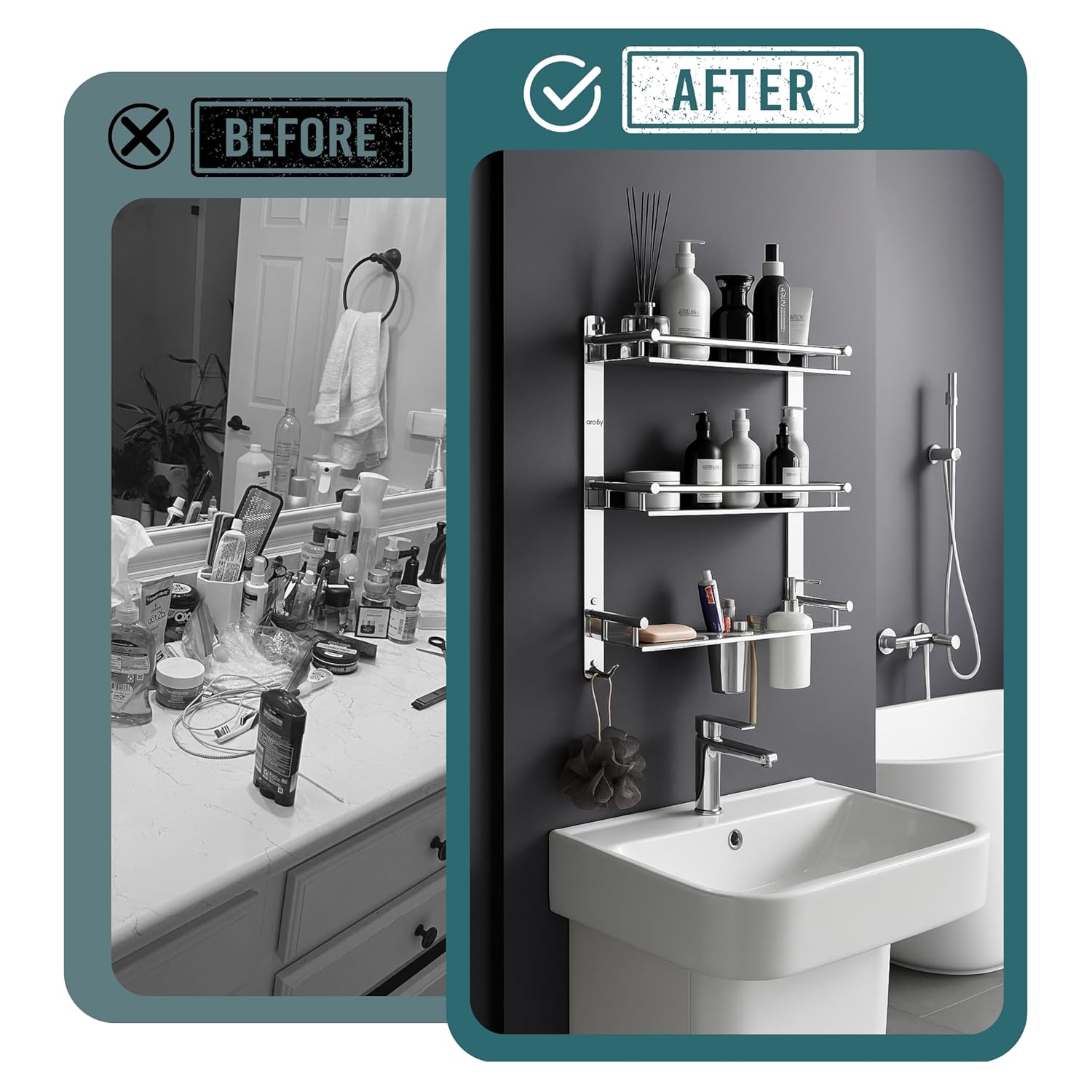 Gloxy Stainless Steel 3-Layer Black Finish Bathroom Shelf With Soap Dish,Liquid Dispenser,Tumbler Holder & Hooks