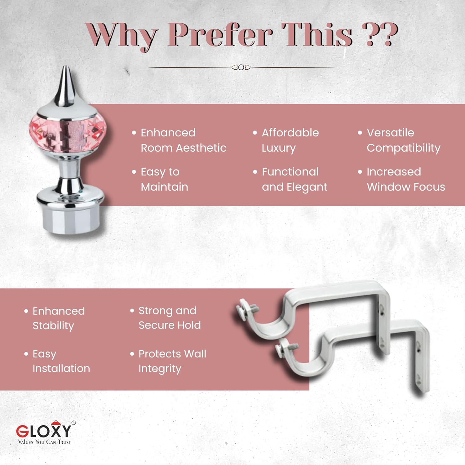 Single Diamond Aluminium Curtain Bracket with Support(Silver Mix Pink)-by GLOXY®