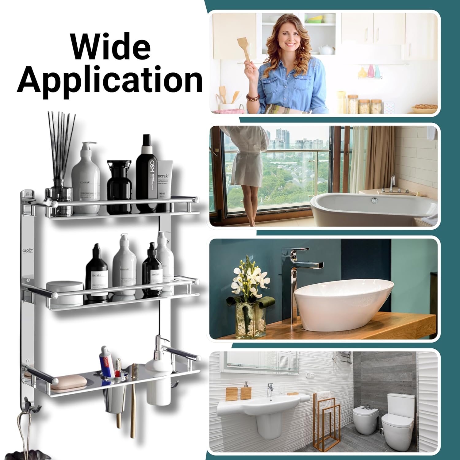 Gloxy Stainless Steel 3-Layer Black Finish Bathroom Shelf With Soap Dish,Liquid Dispenser,Tumbler Holder & Hooks