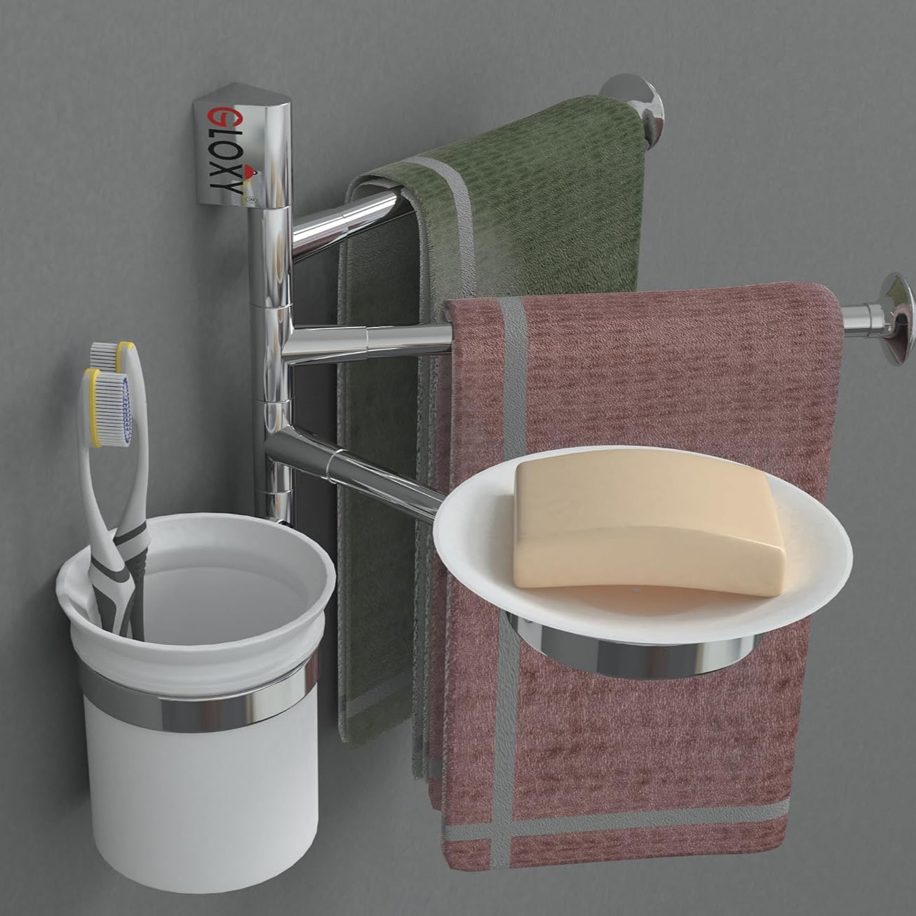 Gloxy Wall Mount Stainless Steel Chrome Finsih Adjustable Napkin Holder Arm With Tumbler Holder And Soap Dish