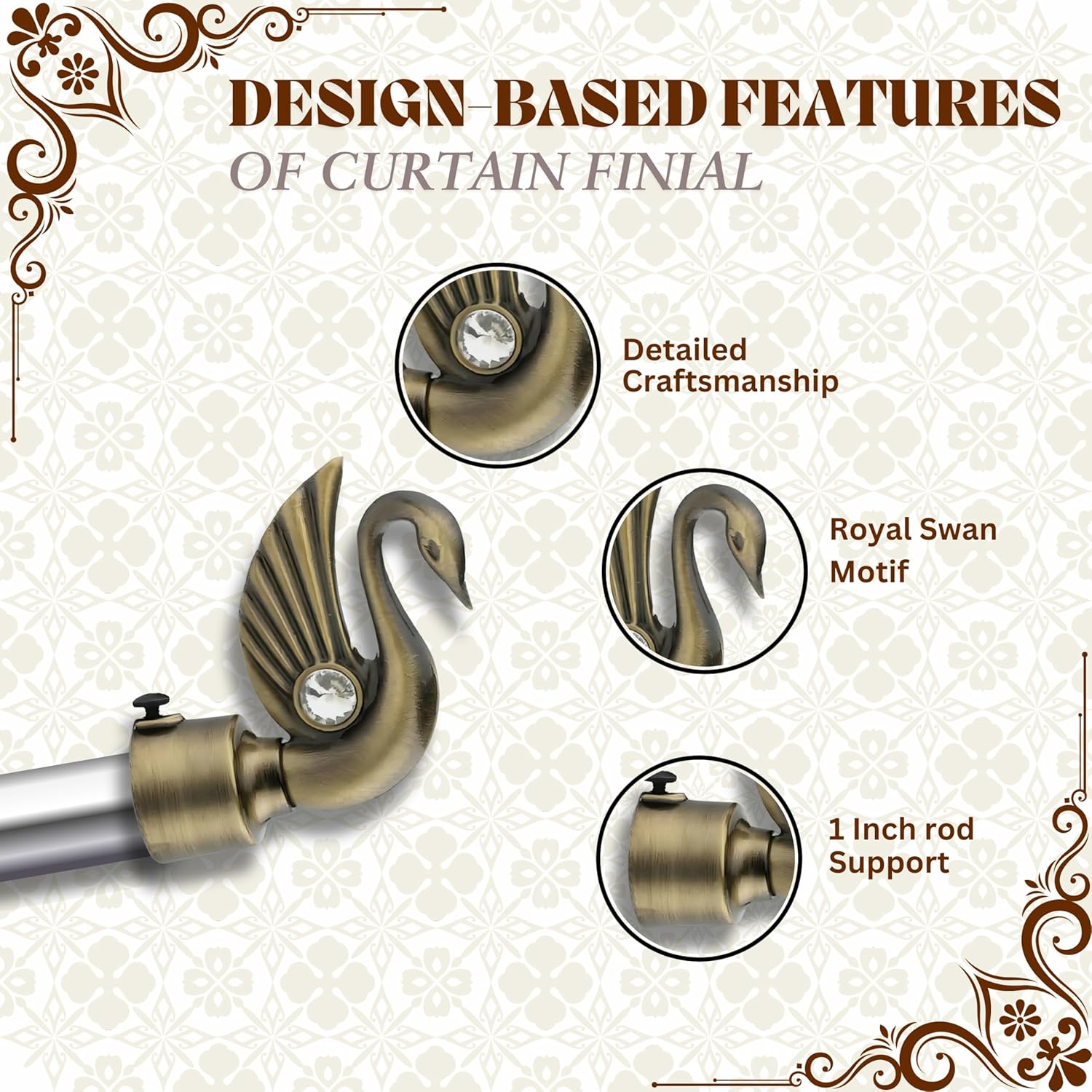 GLOXY Artistic Swan Bird Curtain Holder - Antique Finish Aluminium Curtain Brackets - Decorative Curtain Rod Holder 1-Inch Rod Support - Durable Curtain Holders for Wall