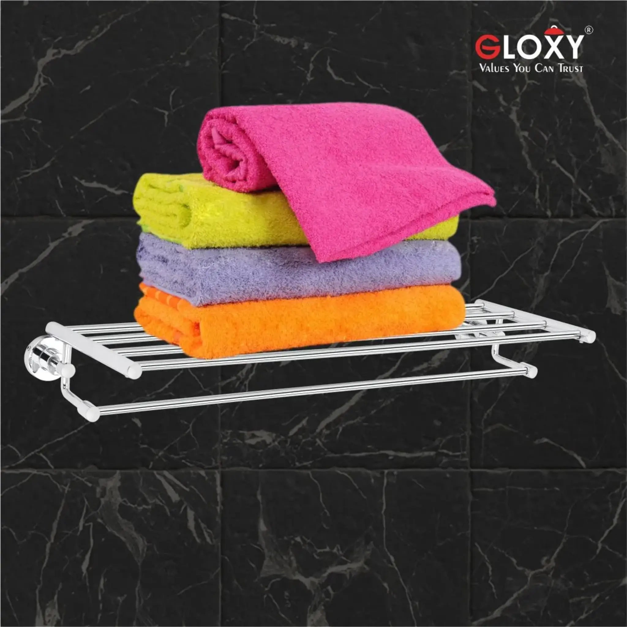 Gloxy Round Shape Stainless Steel Chrome Finsih Towel Rack with Towel Hanger-24 Inch