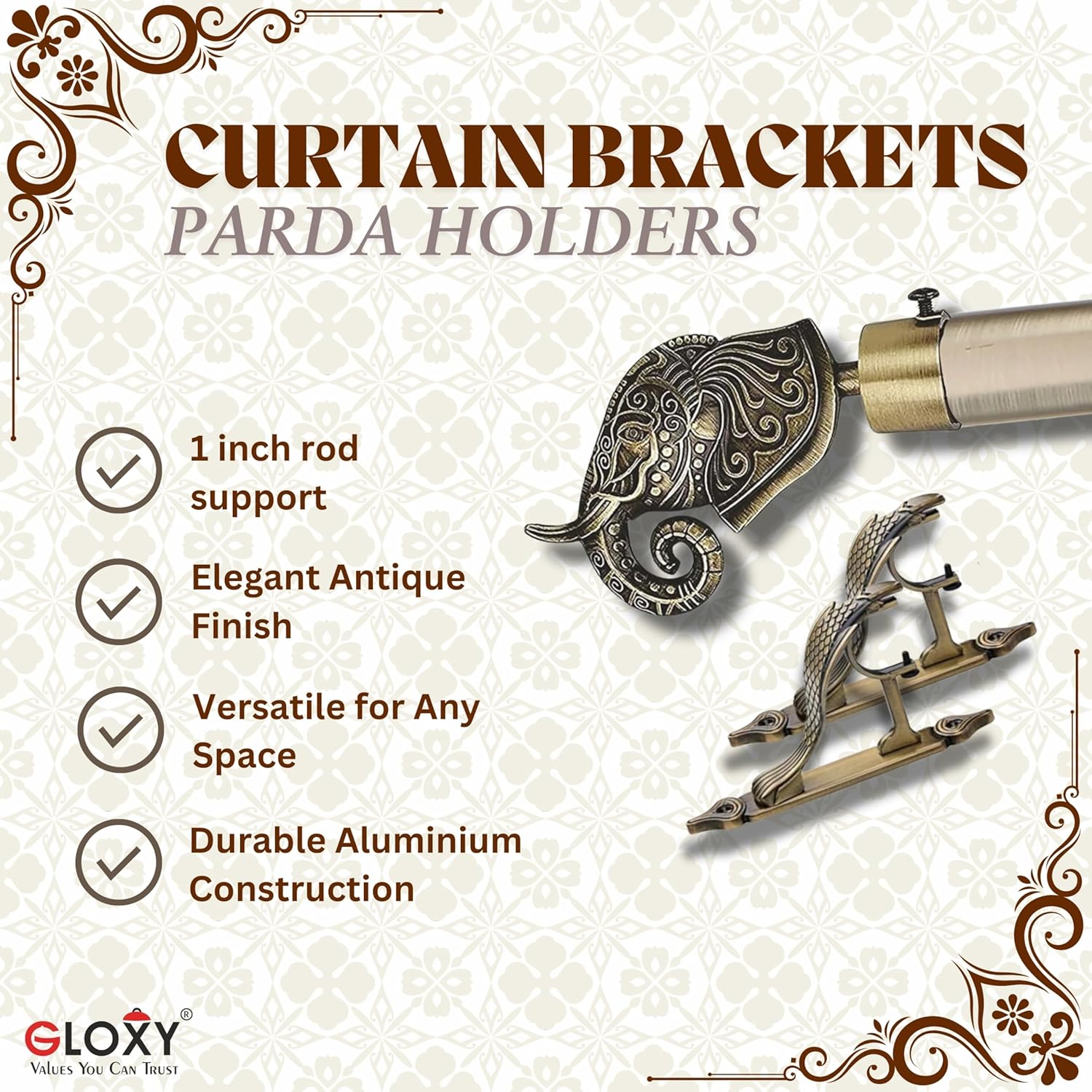 Rajwada Royal Aluminium Curtain Bracket with Cobra Support (Antique)-by GLOXY®